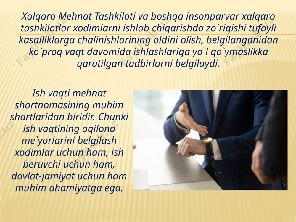 inchi kuni esa besh soatdan ortiq bo`lishi mumkin emas. o`zbekiston respublikasi mkning 116-moddasiga ko`ra ish vaqtining qisqartirilgan muddati quyidagilar uchun belgilanadi: o`n sakkiz yoshga to`lmagan xodimlar; i va ii guruh nogironlari bo`lgan xodimlar; noqulay mehnat sharoitlardagi ishlarda band bo`lgan xodimlar; alohida tusga ega bo`lgan ishlardagi xodimlar; budjetdan ta`minot oluvchi muassasa va tashkilotlarda ishlovchi homilador va uch yoshga to`lmagan farzandlari bo`lgan ayollarga – haftasiga 35 soatdan ortiq bo`lmagan ish vaqti belgilanadi. mkning 242-moddasiga muvofiq o`n olti yoshdan o`n sakkiz yoshgacha bo`lgan xodimlarga haftasiga o`ttiz olti soatdan, o`n beshdan o`n olti yoshgacha bo`lgan shaxslar (ta`til davrida ishlayotgan 14-16 yoshgacha bo`lgan o`quvchilar)ga yigirma to`rt soatdan oshmaydigan qilib belgilanadi. mkning 220-moddasiga hamda o`zbekiston respublikasi «nogironlarni ijtimoiy himoyalash to`g`risida»gi qonunining 30-moddasiga ko`ra i va ii guruh nogironlariga mehnatga haq to`lash kamaytirilmagan holda ish vaqti haftasiga o`ttiz olti soatdan oshmaydigan qisqartirilgan muddati belgilanadi. mehnat to`g`risidagi qonun hujjatlari alohida tusga ega bo`lgan va zararli ishlab chiqarish sharoitida …