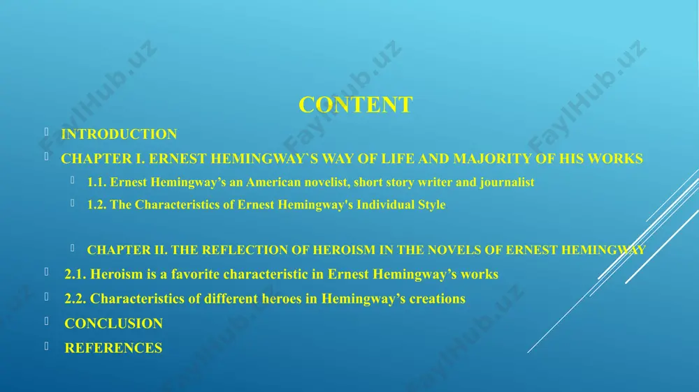 ia. meanwhile, the rise of science and industry, as well as changes in ways of thinking and feeling, wrought many modifications in people’s lives. all these factors in the development of the united states molded the literature of the country. the main theme of most of the works was about the war, the battle between evil and good and the heroism of the people. works depicting heroism have always found their way into people's hearts. the unique excitement, emotions and confusing situations in the work attract the readers, the behavior of the protagonist of the work amazes people even more and plays a great role in the popularity of the works. in the works of the great writer we can always get everything we wanted. his name is ernest hemingway ernest miller hemingway; one of the most renowned author and journalist of this era, was born on the 21st of …
