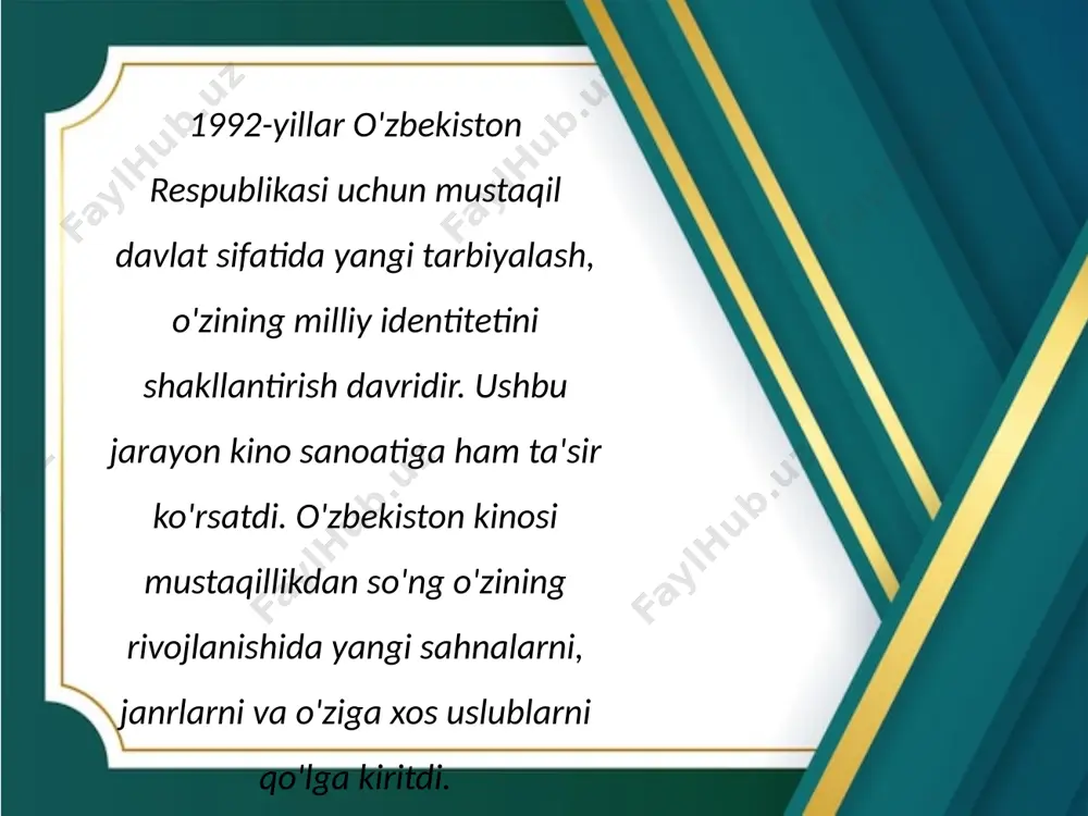 ngi bosqichga ko'tarildi. milliy identitet va o'zlikni shakllantirish maqsadida, kinematografiya o'z joyini mustahkamladi va har bir yurt, har bir inson uchun qadrli bo'lgan mavzularni ifoda etish uchun bir vosita sifatida rivojlandi. bu davr, o'zbekiston kinosining turli murakkab vaziyatlariga qanday javob berishini va yangi imkoniyatlar izlashini belgiladi. o'zbekfilm o'zbekiston kino sanoatining muhim qismi bo'lib, o'zining boy tarixi va madaniyati bilan birga, zamonaviy filmlar orqali global bozorga chiqishga harakat qilmoqda. ularni ko'rish, tomoshabinlarga zamonaviy o'zbek madaniyatini tanishtirish va insoniy hidoyatlar va qadriyatlarni targ'ib qilishda davom etmoqda. foydalanilgan adabiyotlar: 1.oʻzbekfilm (rus.), 3rd a. m. prokhorov: (https://uz.m.wikipedia.org/w/index.php?title=andoza:kitob_manbasi/editor&action=edit&redlink=1), moskva (https://uz.m.wikipedia.org/wiki/moskva): sovet ensiklopediyasi, 2.musayev, rashid. „uzbek cinema is (http://centralasiaonline.com/ru/articles/caii/features/entertainment/2009/12/26/feature-01) 3.saidazimova, gulnoza. „uzbekistan: in all (http://www.fergananews.com/articles/7661) image1.jpeg image2.jpeg image3.jpeg image4.jpeg image5.jpeg image6.jpeg image7.jpeg image8.png image9.jpeg image10.jpeg image11.jpeg image12.jpeg image13.jpeg image14.png /docprops/thumbnail.jpeg