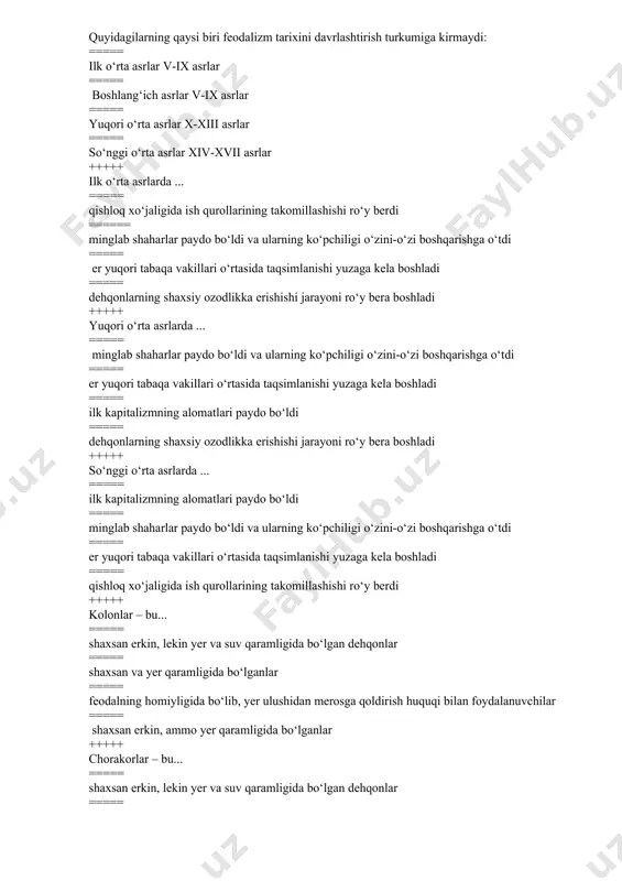 va suv qaramligida bo‘lgan dehqonlar ===== shaxsan erkin, ammo yer qaramligida bo‘lganlar +++++ xviii asrda g’arbiy yevropa iqtisodiy jihatdan qaysi tarmoqlari rivojlanish sur’atlari bo‘yicha namuna bo‘ldi? ===== qishloq xo‘jaligi ===== qurilish ===== sanoat ===== aloqa +++++ angliya ilmiy tadqiqotlarga va ixtirolarni amaliyotga joriy etishga yetarli bo‘lgan kapital qaysi hisobdan olingan? ===== qullar mehnatidan keladigan foyda xisobiga ===== davlat qarzi,soliq stavkasini oshirilishi, ishlab chiqarish va savdoni kengaytirilishi ===== mustamlakachilik tovarlarini qayta sotish hisobidan ===== eksport maxsulotlaridan keladigan foydadan +++++ sanoat to‘ntarilishi – bu.. ===== mamlakatda fabrika-zavodlarni qisqartirish, faqat tabiiy yer unumdorligidan foydalanish ===== sanoatlashtirishni kamaytirish, qo‘l mehnatiga asoslangan ishlab chiqarishlarni ko‘paytirish ===== qullar, qochoq dehqonlar qo‘l mexnatiga asoslangan ishlab chiqarish ishlarini ko‘paytirish ===== qo‘l mehnatiga asoslangan manufakturadan sanoat burjuaziyasi va sanoat proletariatini shakllanishi bilan birgalikda amalga oshadigan fabrika-zavod ishlab chiqarishiga o‘tish +++++ xviii asrning o‘rtalarida fransiyada qaysi sanoat tarmog‘i rivoj topdi? ===== mashinasozlik ===== og‘ir sanoat ===== metallurgiya ====== yengil sanoat …
