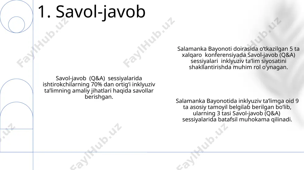 uni ko'rsatadiki, inklyuziv ta'lim strategiyalarini qo'llash natijasida maktabni tark etish darajasi 15% ga kamaygan va o'quvchilarning umumiy akademik ko'rsatkichlari yaxshilangan. inklyuziv sinflar turli ehtiyojlarga ega bo'lgan 20 nafar o'quvchiga teng imkoniyatlarni taqdim etib, ularning intellektual va ijtimoiy-emotsional rivojlanishini qo'llab-quvvatlaydi. 7. inklyuziv ta'limning afzalliklari oilaviy ta'lim va maktab hamkorligi, ya'ni ota-onalarning kamida haftasiga 1 soat vaqt ajratishi, bolaning o'qishdagi muvaffaqiyatini 20% ga oshirishi mumkin, shuningdek, individual ta'lim rejalarini (iep) ishlab chiqishda ishtirok etish orqali. ota-onalarning maktabdagi inklyuziv ta'lim qo'mitalariga faol a'zo bo'lishlari, kamida 2-3 yilda bir marta yig'ilishlar o'tkazish orqali bolalarining o'qish jarayoniga ta'sirini kuchaytirishga yordam beradi. ota-onalar o'z farzandlarining o'quv ehtiyojlarini aniqlash va ularga moslashtirilgan qo'llab-quvvatlash xizmatlarini ta'minlashda muhim rol o'ynaydi, masalan, 10 dan ortiq resurslardan foydalanib. 8. ota-onalarning roli inklyuziv ta’limni rivojlantirish uchun davlat byudjetidan ajratilgan mablag‘larning samarali sarflanishiga monitoring va baholash tizimini joriy etish, kamida 15%ini texnologiyalarni rivojlantirishga yo‘naltirish zarur. xususiy sektor va xayriya tashkilotlarining inklyuziv ta’limga qo‘shgan …
