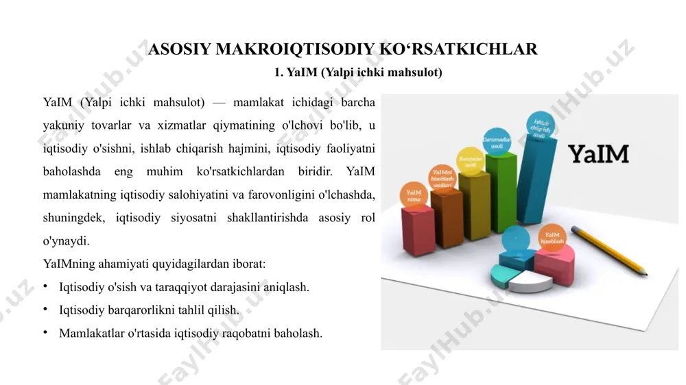 riladi: yaimning o'sishi: yaimning o'sish sur'atlari va uning tarkibi (qanday sektorlar o'sishi) tahlil qilinadi. o'sish sanoat va xizmatlar sektoridagi o'sishni ko'rsatadi. iqtisodiy sektorlar tahlili: qaysi sohalarda (qishloq xo'jaligi, sanoat, xizmatlar) o'sish mavjudligini baholash, va bu sektorlarning umumiy iqtisodiyotga ta'sirini o'rganish. sarmoyalar va innovatsiyalar: investitsiyalar va yangi texnologiyalar iqtisodiy o'sishga qanday ta'sir ko'rsatishini tahlil qilish. mehnat bozorining tahlili: ish o'rinlarining ko'payishi yoki kamayishi, shuningdek, ish haqi o'sishi iqtisodiy o'sish bilan qanday bog'liqligini o'rganish. ekonomik o'sishning tahlili iqtisodiy rivojlanishning istiqbollarini baholash va iqtisodiy siyosatni moslashtirish uchun muhimdir. makroiqtisodiy barqarorlikni baholash makroiqtisodiy barqarorlik iqtisodiy tizimning beqarorlikka qarshi chidamliligini o'lchaydi. barqaror iqtisodiyot inflyatsiya, ishsizlik, va boshqa iqtisodiy ko'rsatkichlarni ma'lum bir darajada saqlab turadi, bu esa ijtimoiy va siyosiy barqarorlikka xizmat qiladi. barqarorlikni baholashda quyidagi ko'rsatkichlar tahlil qilinadi: inflyatsiya darajasi: past va barqaror inflyatsiya iqtisodiyotning barqarorligini ko'rsatadi. yuqori inflyatsiya o'zgaruvchan narxlar bilan iqtisodiy ishonchsizlikni yaratishi mumkin. ishsizlik darajasi: barqaror iqtisodiyotda ish o'rinlari yaratish va ish …
