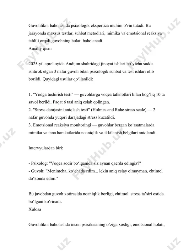u javobdan guvoh xotirasida noaniqlik borligi, ehtimol, stress ta’siri ostida bo‘lgani ko‘rinadi. xulosa guvohlikni baholashda inson psixikasining o‘ziga xosligi, emotsional holati, eslab qolish qobiliyati va tashqi omillar hisobga olinishi lozim. psixologik yondashuvlar orqali guvohliklarning haqiqatga yaqin yoki noto‘g‘ri shakllanganini aniqlash mumkin. bu esa tergov va sud ishlarining adolatli hal etilishiga xizmat qiladi. shu bois huquq sohasida faoliyat yurituvchi mutaxassislar psixologik bilimlarga ega bo‘lishlari zamonaviy talab hisoblanadi. foydalanilgan adabiyotlar 1. mirzaahmedova n. (2019). sud psixologiyasi. – toshkent: fan va texnologiya nashriyoti. 2. munaqulov r. a. (2018). huquqiy psixologiya asoslari. – toshkent: iiv akademiyasi nashriyoti. 3. tadjiboyeva d. k. (2021). psixologiyaning dolzarb muammolari. – andijon: adu nashriyoti. 4. karimova z. t. (2021). shaxs va faoliyat psixologiyasi. – toshkent: o‘zbekiston milliy universiteti nashriyoti. 5. salimov s. r. (2016). sud psixologiyasi: darslik. – toshkent: “adolat” nashriyoti. 6. qodirov a. k., jo‘rayev s. s. (2020). jinoyat protsessida psixologik baholash usullari. – toshkent: iiv akademiyasi. 7. …