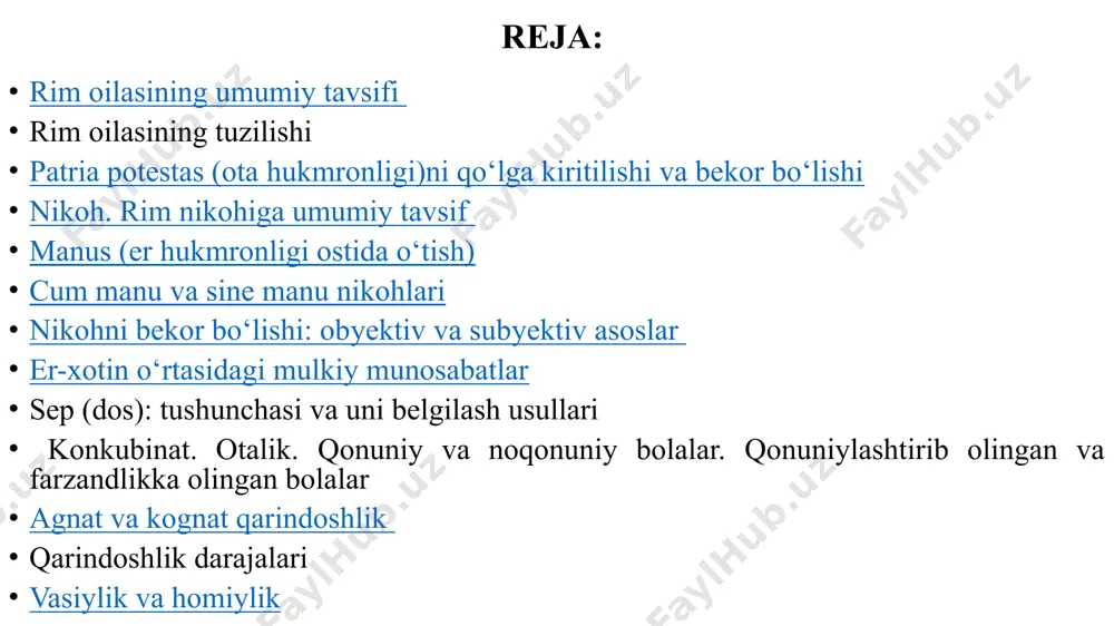 ha shaxslarning jamoasi oila boshlig’ining qizi turmushga chiqib, boshqa oilaga tushgan bo’lsa va uning turmush o’rtog’i ota hukmronligi ostida bo’lsa, u ham shu ota hukmronligi boshqaruviga o’tardi va agnatlar oilasiga tushardi. o’zining aka-ukalari va ota-onalari uchun faqat qavm-qarindoshlik, bayram munosabatlarida ko’rishish, hol-ahvol so’rashish bilan bog’liq bo’lgan, ya’ni ota-onalari uchun “begona” deb hisoblangan qadimgi rim jamiyatida oila boshlig’ining huquqi chegaralanmagan. u 1) o’zining oila a’zolarini sotish, 2) qarzni to’lash uchun uni qarz olgan shaxsga, qarzni to’lash uchun ishlab berish, xizmat ko’rsatish, hatto xotinini (xotini o’zining qizi qanday vakolatlarga ega bo’lsa, shunday huquqlarga ega bo’lgan) majburiyatni bajarish nuqtayi nazaridan kelib chiqib, uni ma’lum bir muddatga boshqa shaxsga xizmat ko’rsatish uchun berib yuborish huquqiga ega edi. u 3) o’z bolalarini o’ldirish, ayniqsa voyaga yetgan o’g’lini uch martagacha sotish va qizini va kichik ukalarini, nevaralarini bir marta sotib yuborish huquqiga ega bo’lgan. patria potestas (ota hukmronligi)ni qo‘lga kiritilishi va bekor bo‘lishi o’g’illari yoki oilada …