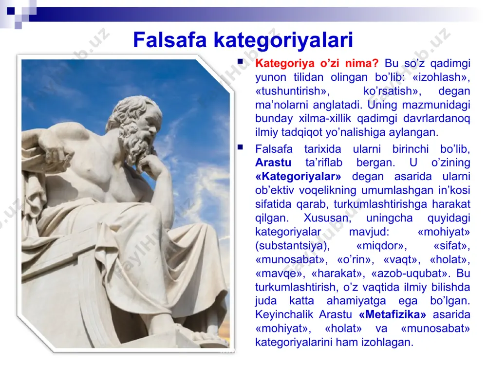 turuvchi bog’lanish va aloqadorlik munosabatlarini ifodalaydi. falsafa kategoriyalari mazmunidagi ichki birlik, bog’lanish, aloqadorlik va munosabatlarning yaxlitligi bilish jarayonining uzluksizligini ta’minlaydigan umumiy qonuniyat tarzida vujudga kelgan. www.arxiv.uz www.arxiv.uz alohidalik, xususiylik, umumiylik. ular narsa va hodisalarning rivojlanish jarayonidagi makon-zamon munosabatlarini konkret tarzda namoyon qiladi. umumiylik – olamdagi alohida, individual tarzda namoyon bo’layotgan narsa – hodisalarning turfa, xilma-xil umumlashtiruvchi xossa hamda xususiyatlarning mushtaraklashgan holda namoyon bo’lishidir. alohidalik va umumiylik o’rtasidagi bog’lanish, aloqadorlik va munosabat «xususiylik» kategoriyasi orqali ifodalanadi. birinchidan, bu kategoriyalarning mazmuni olamning birligi, ularning mantiqiy ifodasi konkretlik bo’lib hisoblanadi. ikkinchidan, «alohidalik», «xususiylik», «umumiylik» narsa va hodisalarning makon-zamon konkretligini ifodalaydigan, nisbatan mustaqil mantiqiy tushunchalar tarzidagina namoyon bo’lishi mumkin. zero, ularning nisbatan mustaqilligi, ichki birligining namoyon bo’lish shaklidir. www.arxiv.uz www.arxiv.uz sistema, struktura, element. bular falsafaning muhim kategoriyalaridan bo’lib hisoblanadi. sistema – grekcha so’z bo’lib, mantiqiy ma’nosi butunlik, yaxlitlik, elementlardan tashkil topgan birikma, degan ma’nolarni anglatadi. www.arxiv.uz www.arxiv.uz sistema kategoriyasining mazmuni, uni tashkil qilgan elementlarning …