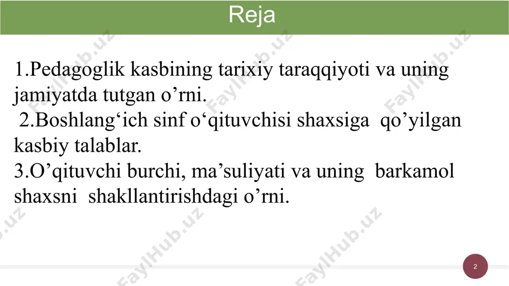 ishlar bo’yicha bilimlarni berish maxsus ajratilgan joylarda tashkil etila boshlandi. dastlabki maktablar qadimgi sharqda (vavilon, misr, hindistonda) paydo bo’lib, ularda bolalarga ma'muriy-xo’jalik boshqaruvi asoslari o’rgatilgan. 4 5 antik davrda sparta, afina va rimdagi maktablar tizimi. antik davrda maktablar sparta, afina va rim tarbiya tizimining muhim tarkibiy qismi sifatida faoliyat olib borganlar. qadimgi yunonistonda bunday joylar akademiya deb nom«akademiya» so’zi afsonaviy qahramon akadema nomidan kelib chiqqan. eramizdan avvalgi iv asrda afina yaqinidagi akadema nomi bilan nomlanuvchi joyda platon o’z shogirdlariga ma'ruzalar o’qigan bo’lib, keyinchalik ta'lim tashkil etiluvchi maskan ham shunday nom bilan atala boshlagan. 5 6 qadimgi rim va yunonistonda bolalarga bilim berish. qadimgi rim va yunonistonda bolalarga bilim berish faylasuflar zimmasiga yuklatilgan. jamiyatning tabaqalanishi natijasida, qudorlik tuzumida bolalarni ta'lim maskanlariga olib borish va olib kelish vazifasini qullar bajarishgan va ular «pedagog» deb nomlanganlar. ushbu tushunchaning ma'nosi «bola yetaklovchi» demakdir. tarixiy taraqqiyotning keyingi bosqichlarida bolalarga tizimli bilimlarni berish bilan doimiy shug’ullanuvchi …
