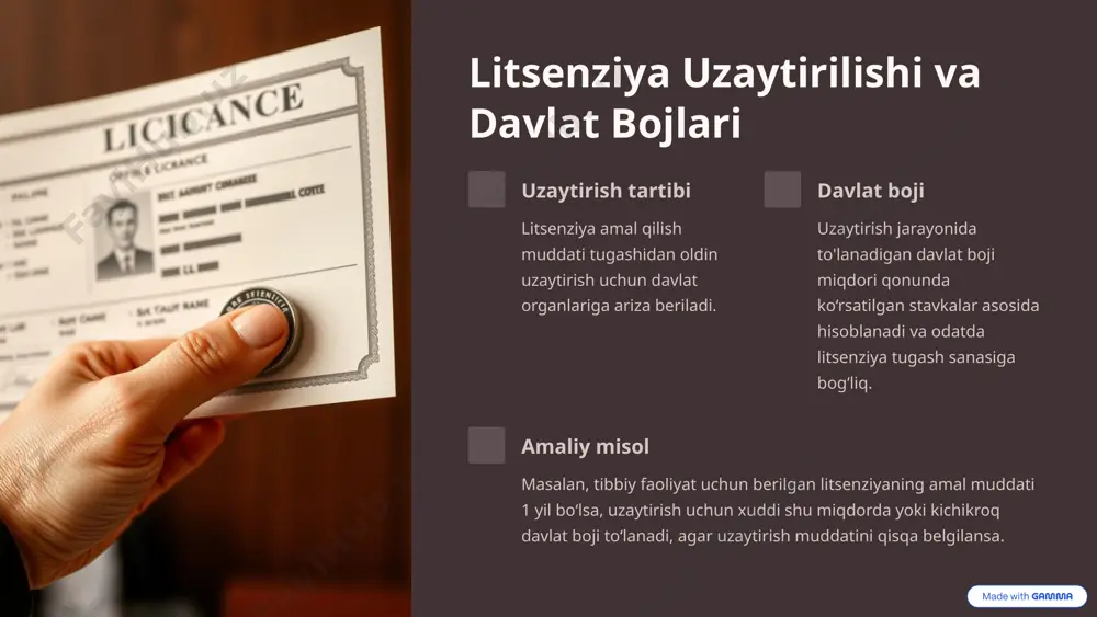 bojlari bo‘yicha masalalar 1 bojlarga shaffoflik kiritish yangi qonunlarga muvofiq, boj miqdori va undirish tartibi aniq belgilangan. 2 qayta ko‘rib chiqish tartibi fuqarolar davlat bojlari bo‘yicha qarorlarni sudda va nazorat organlarida qayta ko‘rib chiqishni so‘rashi mumkin. 3 amaliy qiyinchiliklar litsenziya bojlarining o‘z vaqtida to‘lanmasligi faoliyatning to‘xtashiga olib kelishi mumkin. 9 muxtasar xulosa va keyingi qadamlar asosiy xulosalar litsenziyaning amal muddati va bojlarining qonuniy asoslari muhim ahamiyatga ega. uzaytirish va o‘zgartirishlarda bojlarning miqdori va to‘lov tartibi qat’iy nazorat qilinadi. muddatlar buzilganda jarimalar va faoliyat to‘xtashi mumkin. keyingi qadamlar litsenziya olish va uning muddati tugashini doimiy nazorat qilish. davlat bojlarini to‘lash talablarini o‘rganish va bajarish. qonunchilikdagi yangiliklardan doimiy xabardor bo‘lish. 10 image1.png image2.png image3.png image4.png image5.png image6.png image7.png image8.png image9.png image10.png image11.png image12.png image13.png image14.png image15.png image16.png