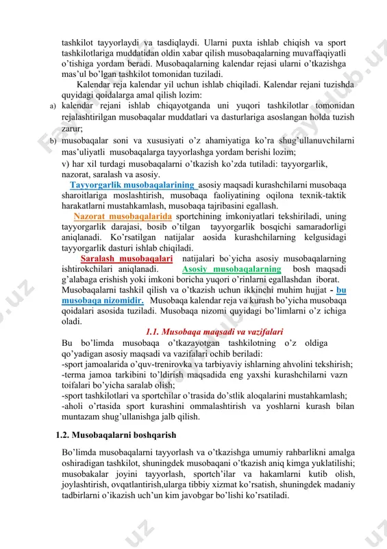 ) jamoaviy; v) shaxsiy-jamoaviy; g) toifalash. shaxsiy musobaqalarda ishtirokchilarning har bir vazn toifasida egallagan o’rinlari aniqlanadi; jamoa musobaqalarida jamoalar o’rni aniqlanadi; shaxsiy-jamoa musobaqalarida bir vaqtda ishtirokchilar va jamoalarning egallagan o’rinlari aniqlanadi. toifalash musobaqalari ishtirokchilarning egallagan o’rinlarini aniqlamasdan o’tkazilishi mumkin. ishtirokchilar tomonidan ko’rsatilgan natijalar sport toifalariga muvofiq unvonlar xamda razryadlarni berishda yoki tasdiqlashda hisobga olinadi. musobaqalarni o’tkazish usuliga ko’ra ular quyidagi turlarga bo’linadi; a) aylnama usul; b) chetlatish bilan aylanma usul; v) aralash usul. musobaqalar xususiyatlari ularni o’tkazish usullari musobakalar nizomida belgilab berilgan. kurash musobaqalari kalendar reja va musobaqa nizomiga muvofiq rejalashtiriladi hamda o’tkaziladi. bu hujjatlarni musobaqa o’tkazayotgan tashkilot tayyorlaydi va tasdiqlaydi. ularni puxta ishlab chiqish va sport tashkilotlariga muddatidan oldin xabar qilish musobaqalarning muvaffaqiyatli o’tishiga yordam beradi. musobaqalarning kalendar rejasi ularni o’tkazishga mas’ul bo’lgan tashkilot tomonidan tuziladi. kalendar reja kalendar yil uchun ishlab chiqiladi. kalendar rejani tuzishda quyidagi qoidalarga amal qilish lozim: a) kalendar rejani ishlab chiqayotganda uni yuqori tashkilotlar …