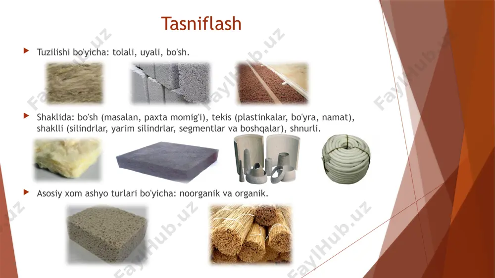 ydi. havo, xuddi yog'och tolalari orasiga muhrlangan, buning natijasida yuqori issiqlik izolyatsiyasi va ovoz yalıtımına erishiladi. pechkada havo hajmining 80% ni egallaydi. shuning uchun tolali taxta eng yuqori toifadagi issiqlik izolyatsiyalovchi materialdir. fibrolit fibrolit - bu yupqa, tor yog'och talaşlaridan (yog'och paxta) va noorganik bog'lovchi komponentdan (qoida tariqasida, buning uchun portlend tsement ishlatiladi, ba'zan magneziya bog'lovchisi) tayyorlangan plitka materialidir. noorganik qo'shimchalar tufayli tolali taxta yuqori yong'inga chidamliligi, biologik va kimyoviy qarshilikka ega. yuqori namlik sharoitida, masalan, basseynlar joylashgan xonalarni davolash uchun foydalanish mumkin. polivinilxlorid ko'pik polivinilxlorid ko'pik – g`ovakli polivinilxlorid qatronlari tomonidan ishlab chiqariladi. u 56,8% gacha kombinatsiyalangan xlorni o'z ichiga oladi, bu uning polistirolga nisbatan kam yonuvchanligini ta'minlaydi va uni kam yonuvchan va kam alangali material sifatida tasniflash imkonini beradi. issiqlik izolyatsiyasi uchun polivinilxlorid ko'piklaridan foydalanilganda, polimerning qisman parchalanishi natijasida hosil bo'lishi mumkin bo'lgan vodorod xloridning chiqishi natijasida izolyatsiyalangan metall yuzalarning korroziyasi paydo bo'lishi mumkin. shuning uchun, bu materiallar …