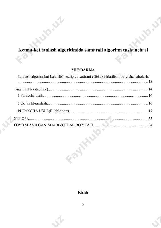 hiziqli, tarmoqlanuvchi va takrorlanuvchi operatorlar, funksiya va protseduralar, fayllar bilan ishlash, tilning grafik imkoniyatlari buyruqiar tizimi va operatorlaririi, chiziqli, tarmoqlanuvchi va takrorlanuvchi dasturlar tuzish kabilarni. algoritmlar fanini o‘qitishdan maqsaa - informatika o‘qituvchisining kasbiy sohasida egallashi lozim bomgan bilimlar va amalda qomlash uchun ko'nikma va malakalami shakllantirish va rivojlantirishdan iborat. ushbu dasturda har bir kasb egasi uning faoliyat ko‘rsatish turidan qat’i nazar egallashi kerak bomgan tayanch nazariy va amaliy mamumotlarni o‘z ichiga oladi. algoritmlar fanining vazifasi: algoritm tushunchasi va uning xossalari, algoritm ijrochilari, algoritmlami tasvirlash usullari, rekursiya va iteratsiya, algoritmning murakkabligi tushunchasi, algoritm turlari. samarali algoritmlar ishlab chiqishning asosiy usullari, algoritmik tillar bilimlari bilan tanishtirish; algoritmik tillaming asosiy tushunchalari: steklar, navbatlar, daraxtlar, algoritmlar tahlili 3 kabilar haqida ma'lumotlar berish; saralash algoritmlari, qo^shib saralash, almashish usulida saralash, saralashning sheyker, sheila usullari, piramida usulida saralash, turnir usulida saralash va ulardan foydalanish usullari haqida tasavvurlar hosil qilish; qidiruv usullari: binar qidiruv. fibonachchi qidiruv, binar …