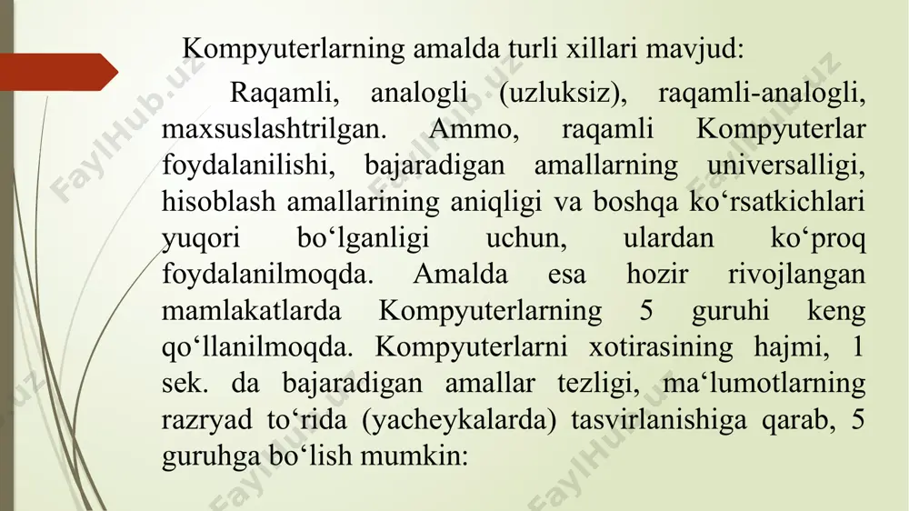axborot modulyatsiya qilinadi, chiqishida esa demodulyatsiyaga uchraydi, shundan modem nomi kelib chiqqan. modemning asosiy vazifasi kompyuterdan kelgan signalni telefon tarmog‘i ish chastotasi diapozoniga mos chastotadagi elektr signaliga aylantirib berishdan iborat. bu tarmoqning akustik kanalini modem quyi va yuqori chastota yo‘laklariga ajratadi. quyi chastotali yo‘lak ma‘lumotlarni uzatishda, yuqori yo‘lakli chastotalar esa qabul qilish uchun qo‘llaniladi. ibm rusumidagi kompyuterlarni ishlab chiqaruvchi firmalar: ibm, compaq, hewlett-packard, packard bell, toshiba, apple, siemens nixdors, aser, olivetti, gateway, sun va boshqa firmalardir. ishlab chiqarilishiga qarab kompyuterlar ikki xil bo‘ladi: oq yasalgan va lintsenziya asosida ishlab chiqargan kompyuterlar sariq yasalgan kompyuterlar hisoblanadi. yuqoridagi zikr etilgan komponiyalar ishlab chiqargan kompyuterlar oq kompyuterlar, malayziya, xitoy, tayland, koreya davlatlarida ishlab chiqarilgan. noutbuk kompyuterlar- bu kompyuterlar hajmi ancha ixcham bo‘lib, batareya asosida ishlaydi. hozirda bunday kompyuterlarni ibm, compaq, toshiba va boshqa firmalar ishlab chiqarmoqda. kompyuterning dasturiy ta’minoti sistemaviy dasturiy ta’minot. shaxsiy kompyuter ikkita tashkiliy qismlardan iborat. bular apparat ta’minot (hardware) va …