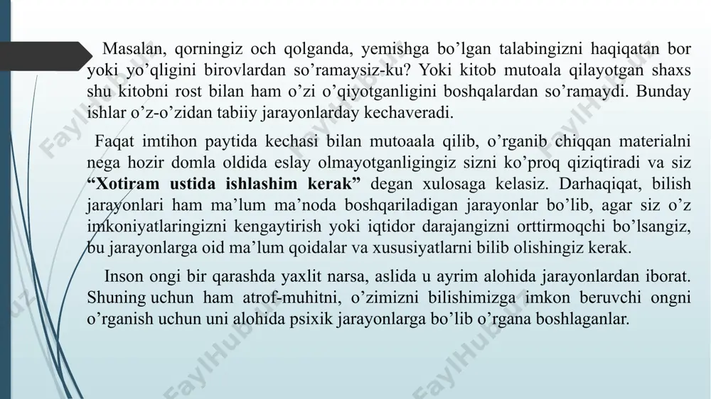yilligi, antiqa, aqlga toʻgʻri kelmaydigan holatlarni roʻyobga chiqarishga uquvchanligi kabilarda namoyon boʻladi. iroda – kishining o’z oldiga qo’yilgan maqsadga erishish uchun ichki va tashqi to’siqlarni harakat yordamida yengish vaqtida vujudga keladigan psixik jarayondir. tafakkur – fakt va hodisalarni mavhumlashtirgan, umumlashtirgan holda va vositali ravishda aks ettirishdan, ular o’rtasiga aloqa hamda munosabatlarni aniqlashdan iborat bo’lgan bilish jarayonidir. diqqat – ongning biron-bir predmet, hodisa yoki faoliyatga qaratilishi hamda to’planishidir. ongning qaratilishi deganda obyektni tanlab olish nazarda tutiladi, ongning biron-bir narsaga to’planishi esa ana shu obyektga aloqador bo’lmagan barcha narsalarni ong doirasidan tashqarida qoldirish ma’nosini bildiradi. nutq – kishilarning til vositasida o’zaro munosabatda bo’lish jarayonidir. nutq deganda uning ogʻzaki (ovozli) va yozma ravishda namoyon boʻlishidagi jarayonlar, yaʼni soʻzlash jarayoni va uning natijasi (xotirada saqlangan yoki yozuvda qayd etilgan nutqiy fikrlar, asarlar) tushuniladi. professional faoliyat professional faoliyat shaxsdan juda ko’p bilimlarni hamda malakalarni talab qiladi. nima uchun u yoki bu kasbni tanlaganini anglab yetgan …