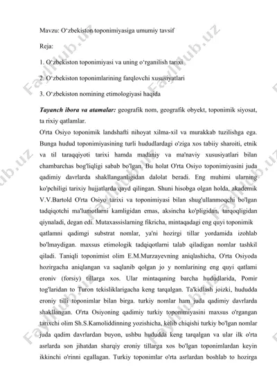 о‘zbekiston toponimiyasiga umumiy tavsif — DOCX