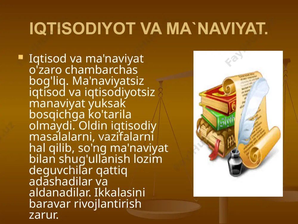 t ma'naviy sog'lom, kuch1i jamiyatgina islohotlarga tayyor bo'lishi mumkin. erkin bozor iqtisodi sharoitida iqtisodiy yo'nalish, iqtisodiy tiklanish, iqtisodiy rivojlanish, ma'naviy o'nglanish, ma'naviy poklanish, ma'naviy yuksalish harakatlari bilan tamomila uyg'un holda boradi. shuning uchun ham jamiyat ma 'navlyatini yanada yuksaltirish xxi asr arafasi va uning dastlabki yillaridagi ustuvor yo'nalishlaridan biri ekanligi ikkinchi chaqiriq o'zbekiston respublikasi oliy majlisining birinchi sessiyasida belgilab qo'yildi. yurtboshimiz i. karimov «ozod va obod vatan, erkin va farovon hayot pirovard maqsadimiz» asarida ta 'kidlaganidek, har qaysi ijtimoiy toifa va qatlamning xos xususiyalarini inobatga olgan holda, umumiy gaplar bilan emas, amaliy ishlar bilan ma 'naviyatni yuksaltirish diqqat markazida bo'lishi shart. image1.jpeg image2.jpeg image3.jpeg image4.jpeg image5.jpeg image6.jpeg image7.jpeg image8.jpeg image9.jpeg image10.png /docprops/thumbnail.jpeg
