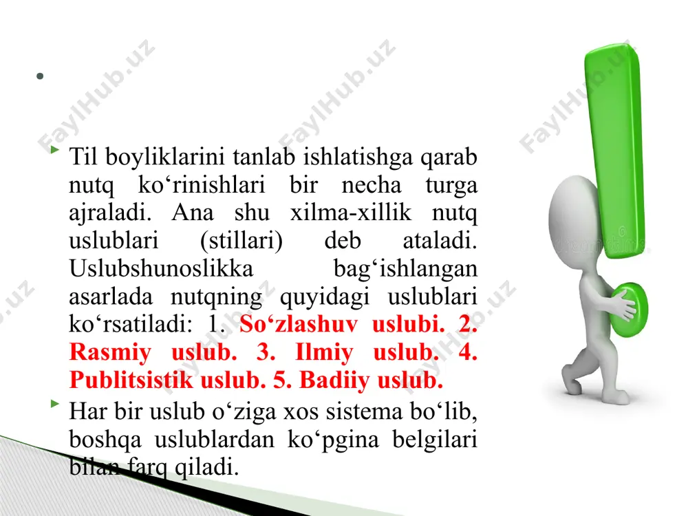 anmi anglading (mi), osmondagi bulutlarning ko‘payishidanmi qo‘rqdingiz (mi), oybek; borlaring-boringlar, ketlaring-ketinglar, dadang uydalarmi-dadang uydamilar va hokazo. yozuvchi bu shaklni o‘ziga xos ekspressivlik hosil qiladi, ta’sirchanlikni oshiradi, nutqda poetiklik ato etadi. . savol va topshiriqlar 1.uslubshunoslik haqidagi ma’lumot bering. 2.grammatik va morfologik uslubiyatga badiiy asarlardan misoliar keltiring keltiring. 3.ekspressivlik nima? 4.nutqni ifodalashda uslubiyatning o‘rni haqida ma’lumot bering. muomalani ham bilish kerak insonlarga yoqishning besh qoidasi 1. suhbatdoshingiz bilan chin dildan qiziqing! 2. insonlarga ochiq chehra va nimtabassum bilan munosabatda bo'ling! 3. unutmang, insonning ismi - u uchun eng yoqimli va eng muhim ohangdir! 4. eng yaxshi-tinglovchi bo'ling! boshqalarga ko'proq o'zlari to'g'risida gapirishlariga imkoniyat bering! 5. suhbatdoshingizni qiziqtiruvchi mavzular to'g'risida ko'proq gapiring! insonlar e’tiboriga erishishning o`n ikki qoidasi 1. tortishuvlar paytida ma'naviy balandlikda bo'lishning yagona yo'li — bu tortishuvdan voz kechishdir! 2. suhbatdoshingizniig har qanday fikriga hurmat ko'rsating. insonlarga hech qachon «nohaqsan» demang! 3. agar siz nohaq bo'lsangiz, tez va keskin tan …