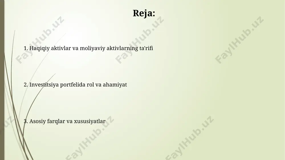 joriy qiymatga keltirish orqali aktivning haqiqiy qiymati topiladi. investitsiya xususiyatlari va tavakkalchilik investitsiyalarning likvidliligi 0 dan 100 gacha baholanadi, likvidlilik pastroq aktivlar tavakkalchilikni oshiradi. chunki tezda sotishda narx yo'qotish xavfi yuqori. investitsiya xususiyatlari va tavakkalchilik xulosa va kelajak tendentsiyalari xulosa va kelajak tendentsiyalari esg omillari real va moliyaviy aktivlarni baholashga tobora ko'proq ta'sir qiladi, bu esa karbon izini kamaytiradigan investitsiyalarning 15% ga oshishiga olib keladi. haqiqiy aktiv va moliyaviy aktiv: kirish haqiqiy aktivlar 10-20 yil davomida ishlatilishi mumkin bo'lgan jismoniy resurslardir, masalan, yer, binolar va uskunalar, moliyaviy aktivlar esa shartnomaviy qog'oz talablardir. moliyaviy aktivlar, aksiyalar kabi, qiymatini boshqa aktivlardan oladi va bozorda 50 dan ortiq turli xil qimmatli qog'ozlar bo'lishi mumkin, real aktivlar esa o'z-o'zidan qiymatga ega. e'tiboringiz uchun rahmat @taqdimot_robot image1.jpg image2.jpg image3.jpg image4.jpg image5.jpg image6.jpg image7.jpg image8.jpg