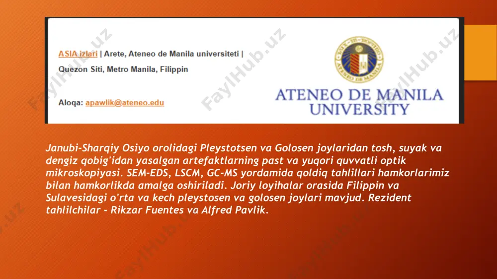 o'lgan bagolini arxeologiya, arxeometriya, fotografiya laboratoriyasi (labaaf) tarixdan oldingi davrning butun xronologik davrini qamrab olgan arxeologik tadqiqot faoliyatini amalga oshiradi. arxeologik tabaqalanishning genezisi. tadqiqotning asosiy ob'ekti yaqin atrofdagi po-alp tog'lari (trentino-alto adige, veneto, lombardiya, liguriya), shuningdek, shimoliy va markaziy-janubiy italiya mintaqalari (toskana, latsio, sitsiliya), evropa (ispaniya, portugaliya) va evropadan tashqarida (xitoy, ummon). laboratoriya shahar va qishloq aholi punktlari iqtisodiyotini, ayniqsa, tog‘ landshaftlarida, masofadan zondlash, tadqiqot, stratigrafik qazishma, bioarxeologiya, gis tahlili, atrof-muhit va moddiy madaniyatni ilg‘or o‘rganishni o‘z ichiga olgan multidisipliner yondashuv orqali rekonstruksiya qilish bilan shug‘ullanadi. monrepos-da "inson bo'lish" tadqiqot markazi bizning hozirgi xatti-harakatlarimizning paleolit ​​va mezolit kelib chiqishini o'rganadi. insonning barcha asosiy xulq-atvor xususiyatlari bizning eng qadimgi tariximizda allaqachon rivojlangan; bu yerda jamiyatimizning biologik va ijtimoiy ildizlari yotadi. tarixdan oldingi odamlarda texnologiyalar oziq-ovqat olishda asosiy rol o'ynagan va asosiy kundalik hayot faoliyatida namoyon bo'lgan, ov qilish uchun suyak, yog'och va tosh uchli nayzalar va so'yish uchun toshdan yasalgan asboblar. …