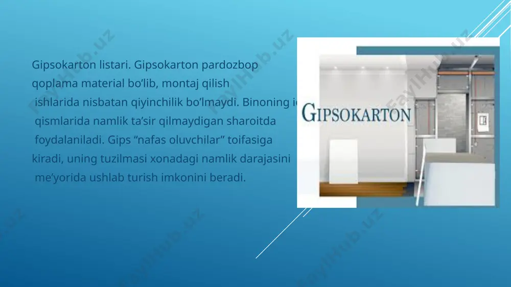 a mix ya’ni samorez qotirishda biroz qiyinchilik tug’iladi va ba’zida mo’ljallagan joyni emas boshqa joyni teshilib qolishiga olib keladi. gipsokarton profil standart uzunlikka ega va mijozlarda boshqa uzunlikdagi mahsulot uchun tanlov mavjud emas. bu esa katta hajmli qurilish ishlarida biroz qiyinchilik tug’diradi. gipsokarton profillarda maxsus o’lchash uchun chiziqlar yo’qligi sababli ular bilan ishlashda doim metrdan foydalanishga to’g’ri keladi va bu qurilish davomida ortiqcha vaqt va mehnat sarflanishiga olib kelmoqda. siz bir marta yuqori sifatli gipsokarton profillardan foydalandingiz va keyingi safar uni topa olmaysiz, chunki ishlab chiqaruvchilar profillarga o’z brendlarini bosib chiqarishmaydi va bu esa mijozlari ularni tanimasligiga olib keladi. shishamagniyli listlar. bu qoplama material bo’lib gipsokarton, gipsotolali listlar o’rniga foydalanishga taklif etilayotgan material. tarkibi magniy oksidi – 40-50%, magniy xlorid – 30-35%, perlit – 3-8%, yog’och qirindisi – 15% gacha, suv, shishtola; xulosa: gipsokarton hozirgi kunda keng tarqalgan innovatsion material bo’lib, o'rnatilishi va foydalanilishi sodda, qurilish jarayonini tezlashtiradi. shu bilan …