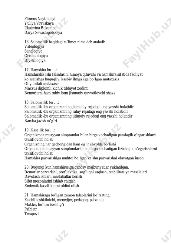 ini bosqichma bosqich ko’rib chiqish hamshiralar huquqlarini himoya qilish 23. tibbiyotning asosiy vazifasi bu ...: sog’liqni saqlash va yo’qotilgan sog’liqni tiklash kasalliklarni yo’qotish iqtisodiy barkamollikka erishish o’sma kasalliklarini profilaktikasi 24. hamshira parvarishining asosiy maqsadi: inson ehtiyojlarini qondirish, o’z- o’zini parvarish qilishga o’rgatish va unga qanday yordam kerakligini aniqlash shaxsiy extiyojlarni ta’minlash mijozning huquqiy yordam olishini ta’minlash bemorda yangi muammolar kelib chiqishini oldini olish va tushuntirish 25. ma'lum profildagi bemorlar guruhiga davolash-profilaktik yordam ko’rsatadigan mahsus muassasa – bu: dispanser poliklinika tibbiy sanitariya qismi tez yordam stansiyasi 26. davolash profilaktika muassasalari quyidagi turlarga bo'linadi: oilaviy poliklinikalar sog’lomlashtirish sanatoriylari ona va bola skrining markazlari madaniy va ma’rifiy markazlar 27. ambulator poliklinika hamshirasining vazifalari: bemorlar ko'rigida shifokorga yordam berish, tibbiy hujjatlarni tayyorlash va yuritish bemorlarni ko'rikdan o’tkazish va tashxislash tibbiy nazoratga olish bemorlarga huquqiy bilimlarni o'rgatish 28. ambulatoriya nima: davolash profilaktika muassasalari bo'lib, huddi poliklinika kabi faoliyat yuritadi, lekin hizmat ko'rsatish hajmi bilan farq …