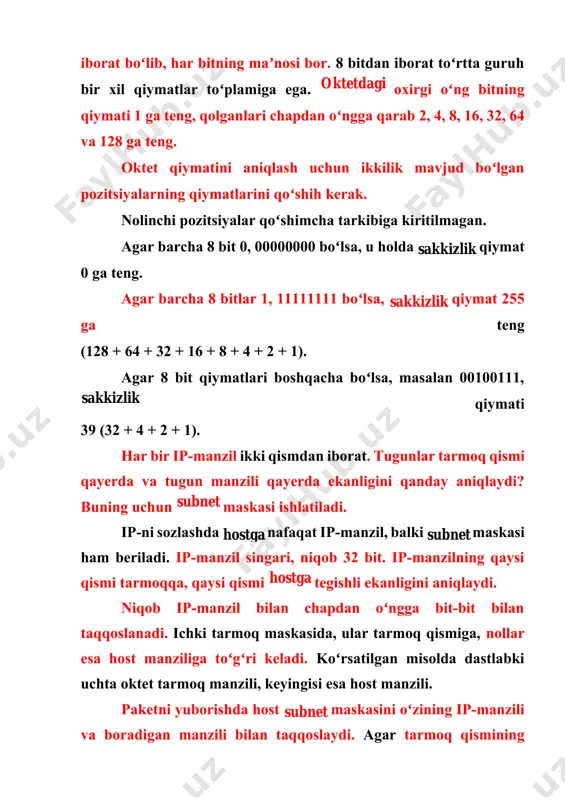 pv6 adreslash va shaxsiy manzillar bilan birgalikda ishlatiladigan ip-manzillarni saqlashning yana bir usuli bu ichki tarmoq mexanizmidir. ushbu usul tarmoq manzillarining toʻliq sinf bloklarini kichikroq qismlarga boʻlishiga imkon beradi va ip-manzillarning charchashiga yoʻl qoʻymaydi. subnet — bu boshqa subnetlar bilan qoplanmaydigan tarmoqning kichik toʻplami. ichki tarmoqni yaratish uchun tarmoq maʼmuri butun tarmoqning asl manzilining host manzili maydonidan bitlarni oladi va ularni kichik tarmoq manzili sifatida belgilaydi (5.2-jadval). qarzga olinadigan bitlarning minimal soni ikkitadir. agar siz faqat bitdan foydalansangiz, u holda bitta bitta tarmoq manzili (.0 — tarmoq manzili) va bitta eshittirish (255) olinadi. qarz olishga ruxsat berilgan bitlarning maksimal soni har qanday boʻlishi mumkin (manzilning host qismining maksimal uzunligi ichida), agar host manzillari uchun kamida ikkita bit ishlatilmasa.5.1- jadval shuni koʻrsatadiki, c sinfidagi tarmoq uchun pastki tarmoq yaratish uchun host manzili maydonidan 6 bitdan koʻp boʻlmagan miqdorda qarz olish mumkin. kichik tarmoqlar (подсетей) manzillari. 5.2-jadval. oʻnlik notatsiyadagi birinchi oktet uzeli …