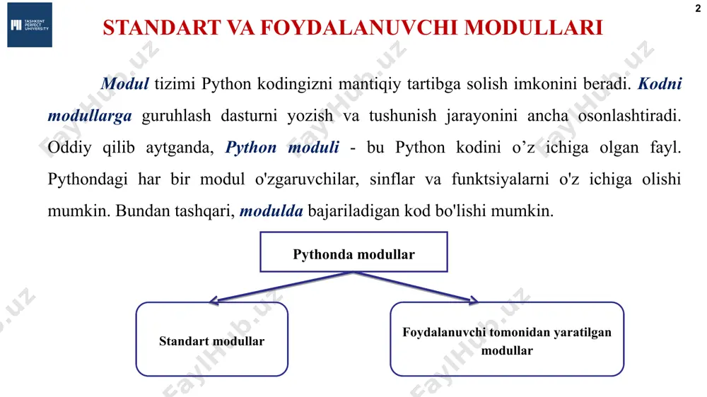 a aniqlangan. moduldan foydalanish uchun dastlab uni dasturga ulash talab qilinadi. buning uchun import kalit so‘zi va undan keyin modul fayli nomi ko‟rsatilishi kerak: import metodlar. modul funksionallariga murojaat qilish uchun uning nomlar fazosi olishishi kerak. odatda u modul nomi bilan mos tushadi. bizning holatda bu metodlar deb nomlangan. алгоритмы и программирование, язык python, 10 класс  к.ю. поляков, е.а. ерёмин, 2018 http://kpolyakov.spb.ru * modullar алгоритмы и программирование, язык python, 10 класс  к.ю. поляков, е.а. ерёмин, 2018 http://kpolyakov.spb.ru * modullar natija алгоритмы и программирование, язык python, 10 класс  к.ю. поляков, е.а. ерёмин, 2018 http://kpolyakov.spb.ru * modullar import math def uchburchak(a, b, c): if a + b > c and a + c > b and b + c > a: natija = true else: natija = false return natija def yuza(a, b, c): p = (a + b + c) / 2 s1 = math.pow(p * (p - …