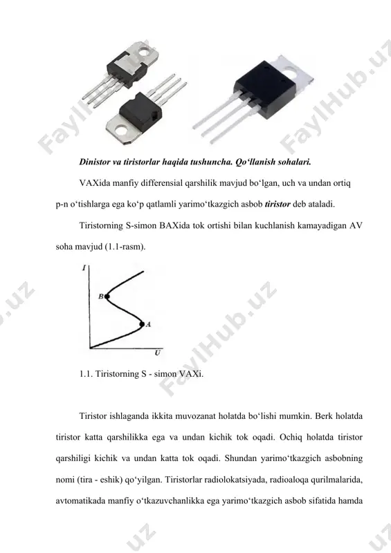 njirlarida ikki tomonlama kalit sifatida sindstor (simmetrik tiristor) ishlatiladi. simistor triak deb ham ataladi. simistor p-n-p-n-p tuzilmaga va bir yoki ikki boshqaruvchi elektrodga ega. dinistor tuzilmasi va ishlash prinsipi: uchta p-n o‘tishga ega diodga o‘xshash ikki elektrodli asbob dinistor deb ataladi. uning tuzilmasi 1.2a-rasmda, shartli belgilanishi esa 1.2b-rasmda keltirilgan. dinistoming uchta п-н o‘tishi i1, i2 va i3 deb belgilangan. 1.2-rasm. dinistor tuzilmasi (a) va uning sxemalarda shartli grafik belgilanishi (b). dinistor sxemalarda o‘zaro ulangan ikkita triodli tuzilma bilan almashtirilgan holda ko‘rsatilishi mumkin. dinistorni tashkil etuvchi tranzistorlarga ajratilishi va o‘zaro ulangan tranzistorlar bilan almashtirilishi 1.3-rasmda ko‘rsatilgan. 1.3-rasm. dinistomi ikkita tuzilmaga ajratilishi (a) va almashtirish sxemasi (b). bu ulanishda t1 tranzistorning kollektor toki t2 tranzistorning baza tokini, t2 tranzistorning kollektor toki esa t1 tranzistorning baza tokini tashkil etadi. tranzistorlaring bunday ulanishi hisobiga asbob ichida musbat ta hosil bo‘ladi. agar anodga katodga nisbatan musbat kuchlanish berilgan bo‘lsa, i1 va i3 p-n o‘tishlar to‘g‘ri …