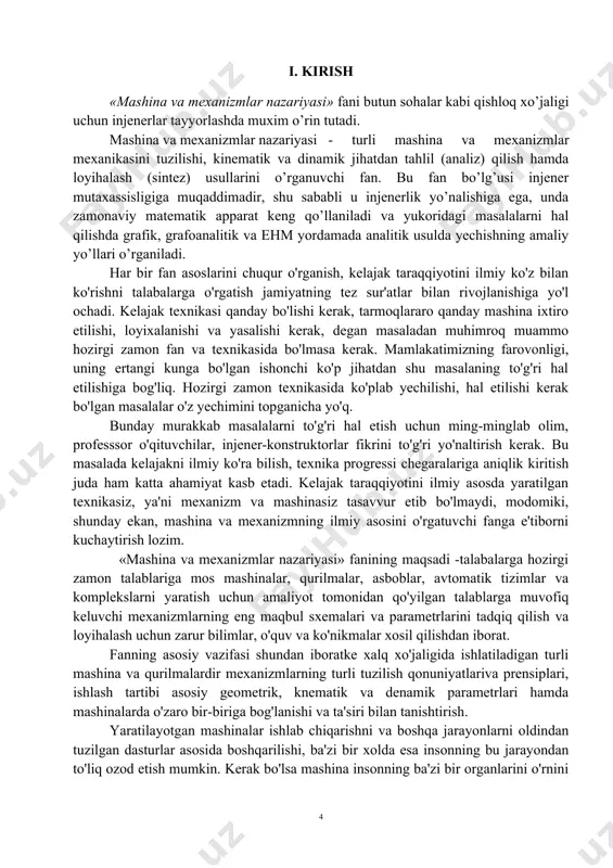 a nisbatan inersiya momentlari is1 is2 kg· m2 kg· m2 0,12 0,06 0,11 0,08 0,10 0,05 0,08 0,04 0,07 0,07 0,06 0,08 0.09 0,04 0,11 0,03 0,10 0,05 0,07 0.07 11 ikkinchi bosqichda silindrdagi maksimal bosim fii(max) mpa 0,37 0,40 0,44 0,48 0,52 0,54 0,58 0,62 0,64 0,68 12 kuchlar bo’yicha hisob lashuchun mexanizm holatining nomeri - - 1 2 3 4 5 7 8 9 10 11 13 mexanizm xarakatining notekislik koeffisiyenti δ - 1,85 1,80 1,90 1,85 1,80 1,90 1,90 1,80 1.90 1,60 14 kulochokli mexanizmda kulochokning eng katta tebranish burchagi ( grad 15 12 18 14 16 13 15 14 17 18 koromisloning uzunligi l m 0,15 0,18 0,14 0,2 0,2 0,22 0,17 0,14 0,12 0,2 15 o’zoqlashish fazasi -φu grad 90 120 150 60 75 90 120 120 60 75 16 yaqinlashish fazasi -φut grad 15 30 10 30 30 20 15 30 20 20 17 …