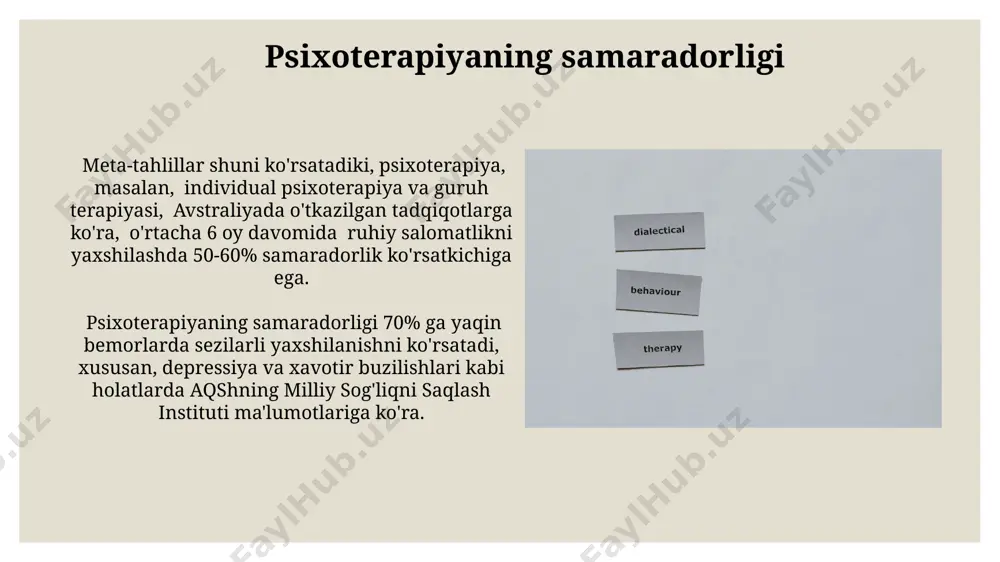 lab, ularni 5-bosqichli restrukturizatsiya jarayonida o‘zgartirishga qaratilgan. kognitiv terapiya, aaron beck tomonidan 1960-yillarda pensilvaniya universitetida ishlab chiqilgan, depressiya va boshqa ruhiy kasalliklarni davolashda keng qo‘llaniladigan 1-darajali usul hisoblanadi. psixodrama психодрама 1920-yillarda j.l. moreno tomonidan vena shahrida yaratilgan bo'lib, rol o'ynash va ijtimoiy munosabatlarni o'rganishga qaratilgan psixoterapiya usuli hisoblanadi. psixodramaning asosiy texnikalari orasida ishtirokchilarning o'z rollarini o'ynashi, bo'sh stul texnikasi va "men-sen" o'zaro munosabatlarini o'rganish kiradi. zamonaviy psixoterapiya tendentsiyalari online psixoterapiya 2020 yildan keyin dunyo bo'ylab 25% ga oshdi, bu esa masofadan turib psixologik yordam olish imkoniyatini kengaytirdi va geografik cheklovlarni bartaraf etdi. zamonaviy psixoterapiyada 30 dan ortiq turli yo'nalishlar mavjud bo'lib, ularning 15 tasi aqsh va yevropa mamlakatlarida keng qo'llaniladi, shu jumladan, kognitiv-xulq terapiyasi va dialektik-xulq terapiyasi kabi mashhur usullar. kognitiv-xulq terapiyasi o'zbekistonda kkt usuli 21-asrning boshidan beri qo'llanila boshlangan va 5 yildan ortiq tajribaga ega bo'lgan mutaxassislar tomonidan psixologik yordam sifatida taklif etiladi. kognitiv-xulq terapiyasi (kkt) 1960-yillarda aaron beck …