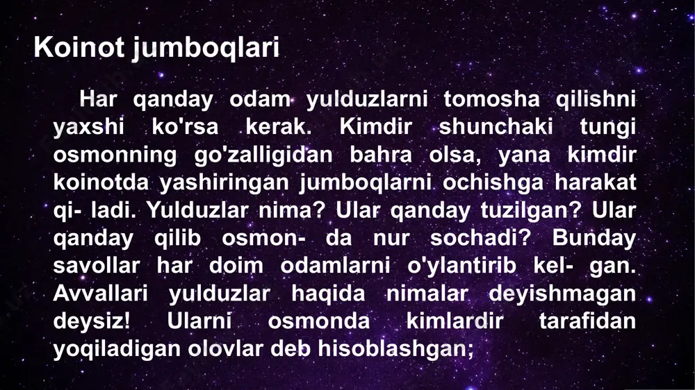 chun ular yulduzli osmonning barcha hududlarini doimiy ravishda kuzatib borishga qodir emas. lekin bugungi kunimizda professional olimlarga minglab astronomiya ishqibozlari ko'p yordam berishadi. 400 yil muqaddam xvii asrda kashf qilingan durbin - teleskop yulduzli osmonni kuzatishga juda yordam berdi algerian e’tiboringiz uchun rahmat! algerian image2.jpeg image3.jpeg image4.emf image5.webp image6.emf image1.jpeg