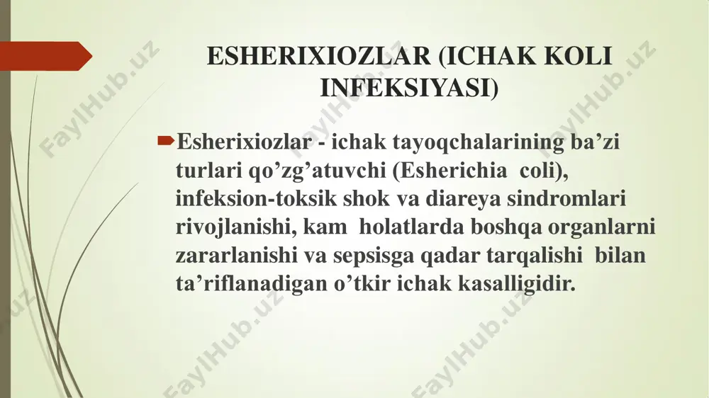 ltirib chiqaradi. bakteriyalar xalokati natijasida endotoksinlar va toksik maxsulotlar ajralib qonga so’riladi va bu holat intoksikasiya belgilarining kuchli namoyon bo’lishini ta’minlaydi. ege ekzotoksini faqat ichak devorlariga emas, balki boshqa organ va xujayralarga (buyrak, jigar, qon hosil qiluvchi sistemaga) ham patologik ta’sir ko’rsatadi. polimorf-simptomsiz yengil formasida og’ir patologik xolatlargacha “gemokolit”, gemolitiko-uremik sindrom (sindrom gassera) va tormbositopenik purpura ko’rinishida namoyon bo’ladi shartli patogen mikroblar chaqiruvchi o’tkir ichak infeksiyalari oxirgi yillarda ichburug’, ich terlama, salmonellyozlarning pasayishi boshqa ichak kasalliklarining o’sishiga, gramm manfiy shartli patogen bakteriyalarga sharoit yaratildi.bu kasalliklar sababi antibiotiklardan keng foydalanish natijasida ichak biosenozi o’zgarishlari, ya’ni shartli patogen bakteriyalarni koloniyalarini xosil bo’lishiga olib keladi. bu kasalliklarni klinikasi xilma-xildir suvning ko’p miqdorda ajralishi ichak bo’shlig’ida suvning so’rilishini buzilishi ichak invaziv diareyalarga klebsillezlar kampilobakter infeksiyasi kiradi sekretor diareyalarga esa proteyalar, sitrobakter infeksiyasi,yashil yiringli tayoqcha chaqirgan turlari kiradi xazm ekotizimining faoliyati nоrmаl хоlаt diаrеyalаpdа химоя экосистемаси бузилган экосистема prоtеya lаr с. jejuni c.coli с. fefus …