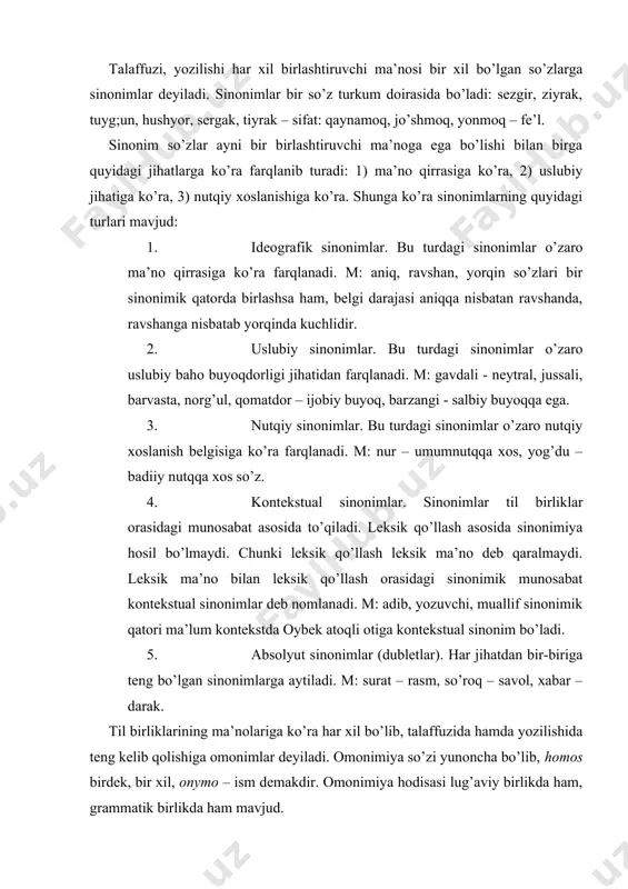 razeologik omonimiya: boshiga ko’tarmoq 1) qattiq shovqin qilmoq, 2) yuksak darajda hurmat qilmoq. 2. grammatik omonimiya . bunda grammatik birliklarning omonimiyasi nazarda tutiladi: olma fe’lning bo’lishsiz shakli yasovchi –ma qo’shimcha yasama fe’ldan sifat yasovchi –ma qo’shimcha. omonim so’zlar bir so’z turkumi doirasida ham, har xil so’z turkumi doirasida ham uchraydi. omonimlar bir xil so’z turkumiga tegishli bo’lganda, ular barcha grammatik shakllarida ham omonimik munosabatga kirisha oladi. m: o’t (maysa)- o’t (olov). o’tim, o’ting, o’ti, o’tni, o’tlar. omonimar turli so’z turkumlaridan bo’lganda esa grammatik shakllar qo’shilganda omonimlik xususiyatini yo’qotadi. m: o’t (maysa) – o’t (harakat). o’tni o’r. chegaradan o’tdim. omonimlar bilan ko’p ma’noli so’zlarning farqi. ko’p ma’noli so’zlar ma’znolari bir-biri bilan uzviy bog’liq bo’lgan bitta so’zga nisbatan qo’llaniladi, ular bir so’z turkumi doirasida bo’ladi. omonimlar ma’nolari bir-biriga bog’liq bo’lmagan hatto turli so’z turkumlariga tegishli bo’lgan bir qancha so’zlarga nisbatan ishlatiladi. omonimlar she’riyatimizda tuyuq janrida tajnis san’ati bo’lib keladi. til birliklarining o’zaro …