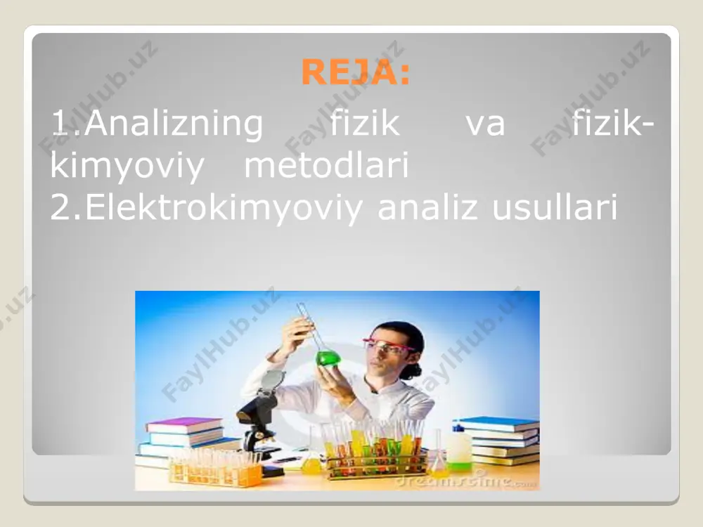 d reaksiyalariga asoslangan elektr kimyoviy usullar elektrod reaksiyalariga asoslangan elektr kimyoviy usullar polyarografiya amperometriya kulonometriya potensiometriya elektr gravimetriya dielkometriya past va yuqori chastotali konduktometriya elektrod reaksiyalari bilan aloqador bo'lmagan elektr kimyoviy usullar elektr sorbsion analiz tenzammetriya qo‘sh elektr qavatning o'zgarishi bilan bog’liq bo'lgan usullar konduktometrik usul temperaturaning ma’lum qiymatida eritmadagi elektrolit konsentrasiyasi bilan eritmaning elektr o’tkazuvchanligi orasidagi bog’lanishga asoslangan. odatda eritmaning konsentrasiyasi qancha yuqori bo’lsa, uning elektr o’tkazuvchanligi shuncha katta bo’ladi. shunga ko’ra konduktometrik usuldan miqdoriy analizda samarali foydalanish mumkin. agar eritmada yagona elektrolit mavjud bo’lsa, konduktometrik aniqlashni o’tkazish osonlashadi. buning uchun dastlab aniqlanuvchi elektrolit konsentrasiyalari ma’lum bo’lgan eritmalarniyag elektr o’tkazuvchanligini o’lchash yo’li bilan kalibrlangan grafik tuziladi. so’ngra tekshirilayotgan eritmaning elektr o’tkazuvchanligi o’lchanadi va kalibrlangan grafikdan foydalanib ayni elektr o’tkazuvchanlikka muvofiq keluvchi konsentrasiya topiladi. polyarografik analiz usuli ham tekshirilayotgan eritmani elektroliz qilishga asoslangan. bunda polyarografdan foydalaniladi. polyarograflar avtomatik ravishda vol’tamper bog’lanishinn chiza oladi. u kuchlanishning ko’tarilishi bilan diffuzion tok kuchining …