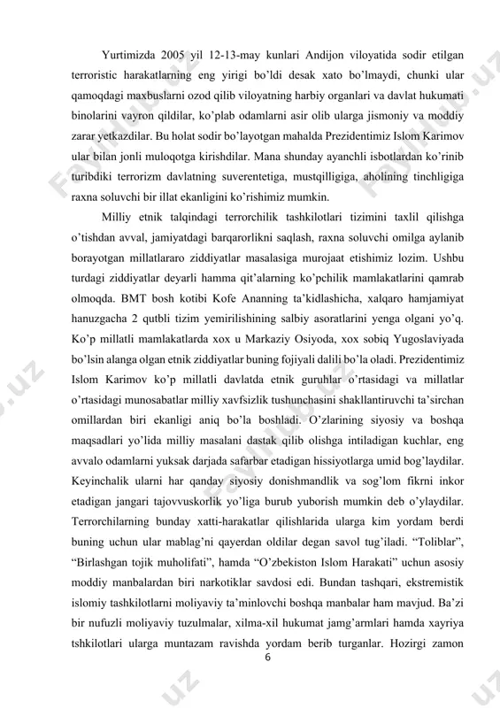 o’rtasidagi munosabatlar milliy xavfsizlik tushunchasini shakllantiruvchi ta’sirchan omillardan biri ekanligi aniq bo’la boshladi. o’zlarining siyosiy va boshqa maqsadlari yo’lida milliy masalani dastak qilib olishga intiladigan kuchlar, eng avvalo odamlarni yuksak darjada safarbar etadigan hissiyotlarga umid bog’laydilar. keyinchalik ularni har qanday siyosiy donishmandlik va sog’lom fikrni inkor etadigan jangari tajovvuskorlik yo’liga burub yuborish mumkin deb o’ylaydilar. terrorchilarning bunday xatti-harakatlar qilishlarida ularga kim yordam berdi buning uchun ular mablag’ni qayerdan oldilar degan savol tug’iladi. “toliblar”, “birlashgan tojik muholifati”, hamda “o’zbekiston islom harakati” uchun asosiy moddiy manbalardan biri narkotiklar savdosi edi. bundan tashqari, ekstremistik islomiy tashkilotlarni moliyaviy ta’minlovchi boshqa manbalar ham mavjud. ba’zi bir nufuzli moliyaviy tuzulmalar, xilma-xil hukumat jamg’armlari hamda xayriya tshkilotlari ularga muntazam ravishda yordam berib turganlar. hozirgi zamon terrorizmi ta’minoti to’g’risida gapirilganda yana bir omilni esdan chiqarmaslik lozimdir. gap shundaki yevropa davlatlari va aqshda sharq va janub mamlakatlaridan kirib kelganlar ham yildan yilga ko’payib bormoqda ular aksariyati mahalliy aholiga qo’shilmay …
