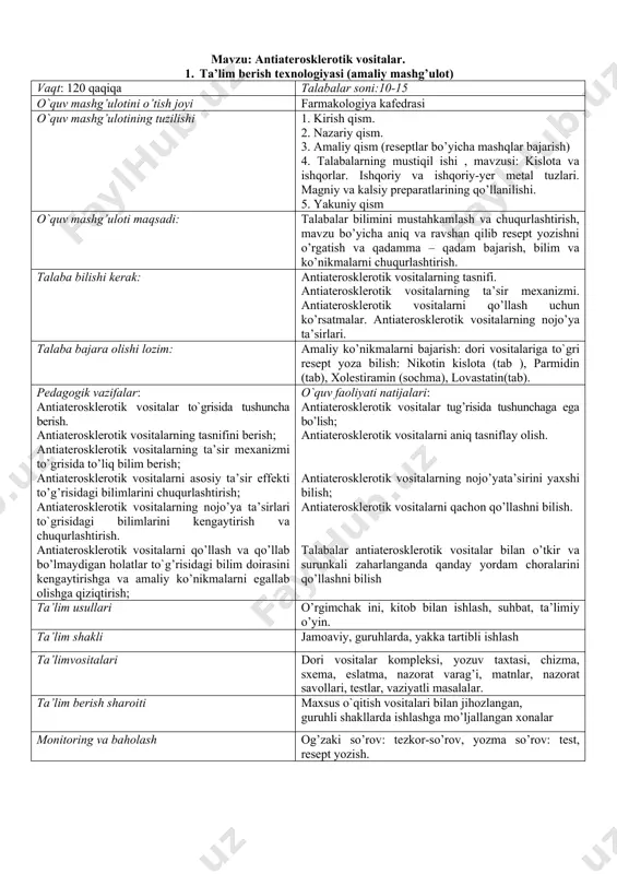 (65 daq.) 2.1. mavzuni yorituvchi savollari bo’yicha so’rov o’tkazadi va talabalarning tayyorgarlik darajasini aniqlaydi. 2.2. talabalar tomonidan butunlay o’zlashtirilmagan savollar bo’yicha tushuncha beradi. 2.3. talabalarni kichik guruhlarga bo’ladi. kichik guruhlarda reseptlarning xar xil ko’rinishini yozishni va masalalar yechimining keyingi namoyishini beradi. 2.4. yozilgan reseptlar bo’yicha guruhlarning chiqishlarini, namoyishini, muhokamasini va o’zaro baholashini tashkil qiladi 2.5 darsga rejalashtirilgan interaktiv o’yin, “o’rgimchak ini” senarisini bayon etadi. uni o’tkazilishini tashkil qiladi. interaktiv o’yin asosida talabalar bilmining faolligini oshiradi. xulosa qiladi. 2.6. gipolepidemik vositalarni ishlatish qoidasi va maqsadini tushuntiradi. berilgan mavzuning umumiy muhokamasini tashkil qiladi. 2.7. talabalarning mustaqil ishi bo’yicha prezentastiyasini, muhokamasini va chiqishlar bo’yicha o’zaro baholanishini tashkil qiladi. 2.8. tarqatma materiallar namoyish etadi. 2.1. savollarga javob beradi. 2.2. tinglaydi. 2.3. kichik guruhlarga bo’linadi, masalalar yechadi va guruhda turli xil ko’rinishli reseptlarni yozadi. 2.4. guruhlar o’z masala yechimlari namoyishi va resept yozilishi bilan chiqadi. qolgan qatnashchilar guruhlarning chiqishlarini baholashadi, savollar berishadi, o’z fikrlarini bildirishadi. …