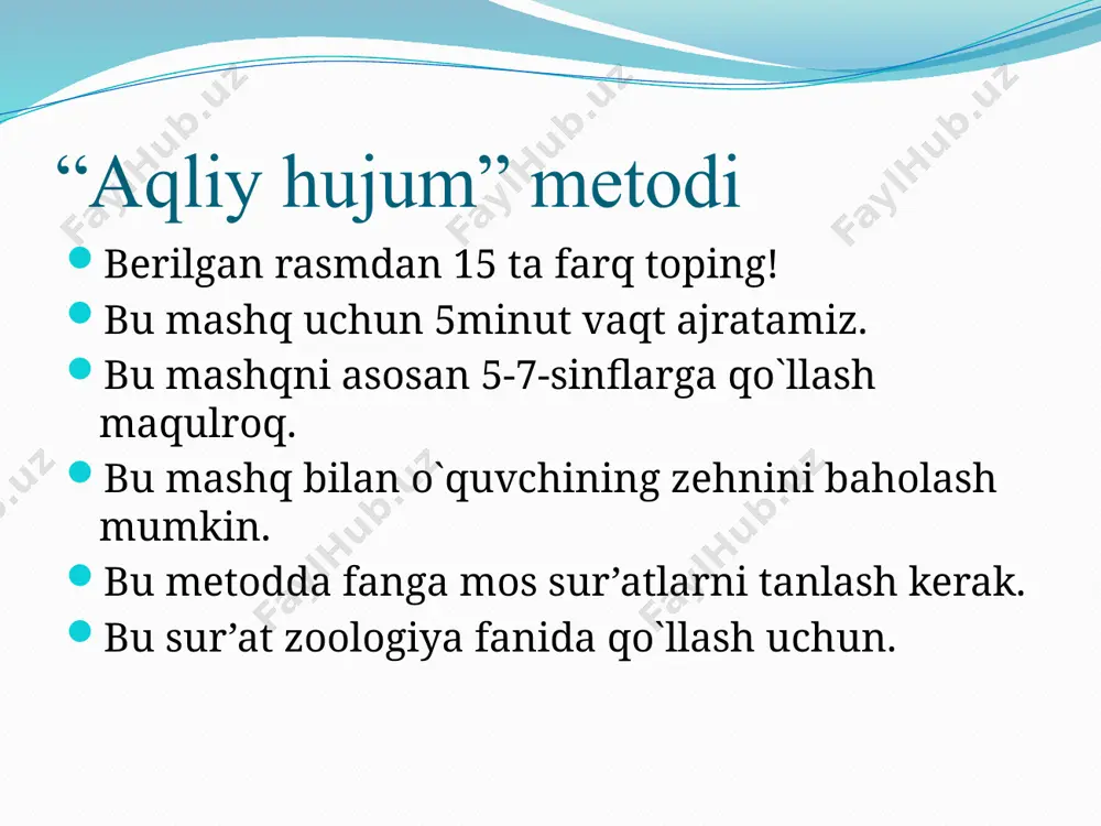 sil oluvchi uchun qizil va yashil rangli kartochkalar hamda mavzuga oid savolnoma tayyorlanadi; – savolnomadan “ha” yoki “yo`q” tarzida javob berish mumkin bo`lgan savollar o`rin olgan; –tahsil oluvchilarga qizil rangli kartochkalarning “tasdiq”, yashil rangli kartochkalarning “inkor” ma’nosini anglatishi uqtirib o`tiladi; – tahsil oluvchilar o`qituvchi tomonidan berilgan savollarga “tasdiq” yoki “inkor” ma’nolarini anglatuvchi kartochkalarni ko`rsatish asosida javob qaytaradilar. umumiy o`rta ta’lim maktablarining viii sinfida “iqtisodiy bilim asoslari” fani bo`yich tashkil etilgan mashg`ulot jarayonida “ qizil va yashil rangli kartochkalar bilan ishlash” metodini qo`llashda tahsil oluvchilarga quyidagi savollarni berish mumkin: tasdiq inkor savollar 1.inson ehtiyojlarini qondirish uchun unga turli xil ne’matlar zarur bo`ladimi? 2. havo, suv, quyosh nuri va issiqligi, shuningdek, foydali qazilmalarni inson kuchi bilan hosil qilish mumkinmi? 3. inson mehnati, u tomonidan tashkil etilayotgan iqtisodiy faoliyatning mahsuli mahsulot deb ataladimi? 4. mahsulotlar faqatgina moddiy ne’matlardangina iboratmi? 5. xizmat ko`rsatishning muayyan ko`rinishi mahsulot bo`la oladimi? 6. moddiy ne’mat yaratmaydigan, biroq natijasi …