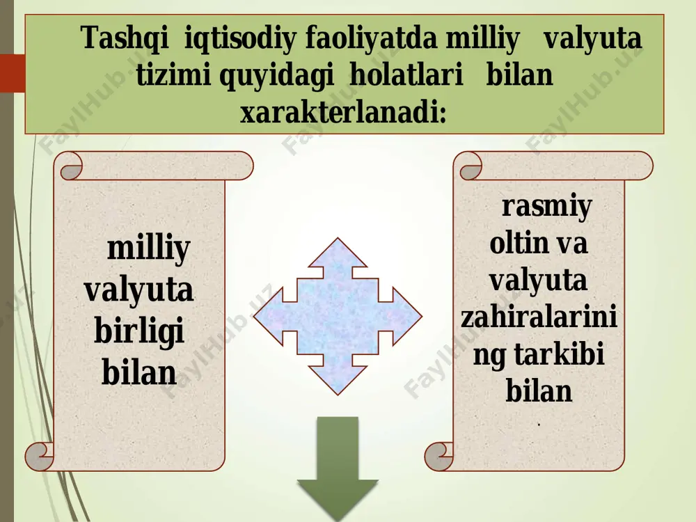 ida sotib olishi lozim bо‘lgan. “valyuta iloni” a’zo-davlatlarning u yoki bu tarkibi bilan 1979 yilda v.jiskar d, esten va g. shmidt taklifi bilan yevropa valyuta tizimi kiritilgunicha amalda bо‘ldi. yevt о‘zida uch muhim elementni (ekyu - yevt asosiga, valyuta kurslari va intervensiyalari mexanizmi, hamjamiyat davlatlari valyutalari nisbatida har ikki tomonga ±2,25% dan ortiq о‘zgarishi mumkin emasligini) qamrab oladi. yevropa valyuta tizimi oldiga quyidagi maqsadlar qо‘yilgan: - yei ichida yuqori valyuta barqarorligini о‘rnatish; - barqarorlik sharoitida о‘sish strategiyasining asosiy elementi bо‘lish; - iqtisodiy rivojlanish jarayonlarining о‘zaro bog‘liqligini kuchaytirish va yevropa jarayoniga yangi turtki berish; - xalqaro iqtisodiy va valyuta munosabatlariga barqarorlashtiruvchi ta’sir kо‘rsatish. 5.5. xalqaro valyuta va moliya- kredit bozorlari xalqaro valyuta va moliya-kredit bozorlari jahon xо‘jaligida, xalqaro iqtisodiy munosabatlarning juda muhim bо‘g‘inlaridan biridir. xx-xxi asrlar bо‘sag‘asida jahon mamlakatlarida moliya bozorlari gurkirab rivojlandi. dunyoning ilg‘or davlatlari umumiy moliya aktivlari, ularning yalpi ichki mahsulotiga (yaim) nisbatan 2,5 barobarga о‘sdi. jahon valyuta va …