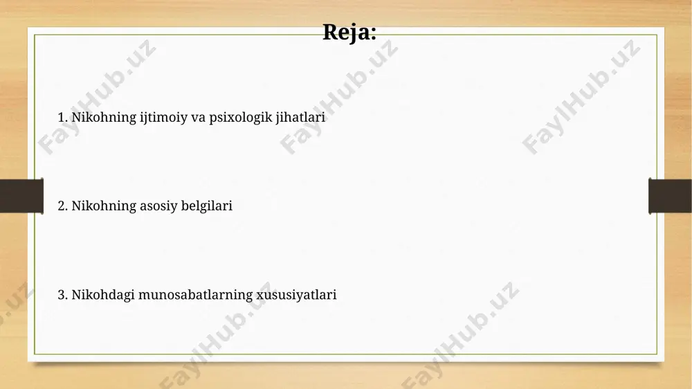 noma natijalariga ko‘ra, turmush qurgan ayollarning 60% dan ortig‘i nikohdan keyingi birinchi 5 yil ichida stress darajasining oshganini ta’kidlaydi. toshkent shahridagi tadqiqotlar shuni ko‘rsatdiki, nikohdagi baxtsizlik darajasi yuqori bo‘lgan juftliklar orasida yurak-qon tomir kasalliklari xavfi 30% ga ko‘proq. muvaffaqiyatli nikohning omillari 2022 yilgi ma'lumotlarga ko'ra, andijon viloyatidagi oilalarning 60%ida muntazam ravishda birgalikdagi dam olish va bo'sh vaqtlarini o'tkazish muvaffaqiyatli nikohning kaliti sifatida qaraladi. muvaffaqiyatli nikohning 70%i, o'zaro hurmat va ishonchga, 30%i esa faol muloqot va uzbekistanning samarqand shahridagi oilalarga o'tkazilgan tadqiqotlarga ko'ra, birgalikdagi maqsadlarga bog'liq ekanligi aniqlangan. nikohning asosiy belgilari nikohning asosiy belgilaridan biri, o'zbekiston respublikasining oila kodeksiga muvofiq, 18 yoshga to'lgan shaxslar o'rtasida tuziladigan er-xotin munosabatlarini rasmiylashtirishdir. nikohning muhim belgilaridan yana biri, ikki tomonning o'zaro roziligi va qonuniy ravishda ro'yxatga olinishi hisoblanadi, masalan, toshkent shahridagi fhdyo bo'limlarida. nikohdagi qiyinchiliklar va ularning yechimlari 20-35 yosh oralig'ida turmush qurgan juftliklarning 35 foizi samarqand viloyatida o'tkazilgan so'rovnomalarga asosan, moliyaviy qiyinchiliklarni boshdan kechirmoqda, …