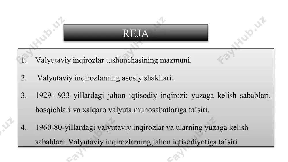 ishlarni hukumatdan ko’ra birmuncha yaxshiroq olib boradi. neoklassik yo’nalish tarafdorlari iqtisodiyotni valyuta kurslarini shakllantirish, bozor omillarini kuchaytirish va suzuvchi kurslarni xalqaro hisob-kitoblarda avtomatik qo’llashga o’tish yo’li bilan barqarorlashtirish mumkin deb hisoblashadi. valyuta inqirozlarining oldini olishga yo’naltirilgan bir nechta nazariyalar mavjud masalan, optimal valyuta zona nazariyasida haqqoniy valyuta kurslarini o’rnatishda, ularning o’zgarish ko’lami va zarurligini aniqlovchi obyektiv ko’rsatkichlarni topishga harakat qilingan holda mezonlar ishlab chiqilgan. valyuta kurslarining normativ nazariyasi esa valyuta kursini iqtisodiyotni boshqarishdagi qo’shimcha instrument sifatida ko’rib chiqadi va bunda o’zgaruvchan kurs rejimini qo’llashni tavsiya etadi, ya’ni davlat tomonidan boshqariluvchi, bu nazariya asoschilarining fikricha, valyuta kurslari xalqaro tashkilotlar o’rnatgan paritetlar va kelishuvlar asosida shakllanishi kerak. rivojlanayotgan davlatlarda ishlab chiqarish omillarida kamchiliklarning mavjudligi, kapital va zamon talabiga mos keluvchi ish kuchining yetarli emasligi bu mamlakatlar iqtisodiyotida muammolar va qiyinchiliklar tug’diradi. mamlakat iqtisodiyotining ma’lum jabhalarida yuzaga keluvchi nomutanosibliklar iqtisodiyotning notekis rivojlanishiga, unda inqirozlarning yuzaga kelishiga olib keladi. jahon banki va xalqaro valyuta …