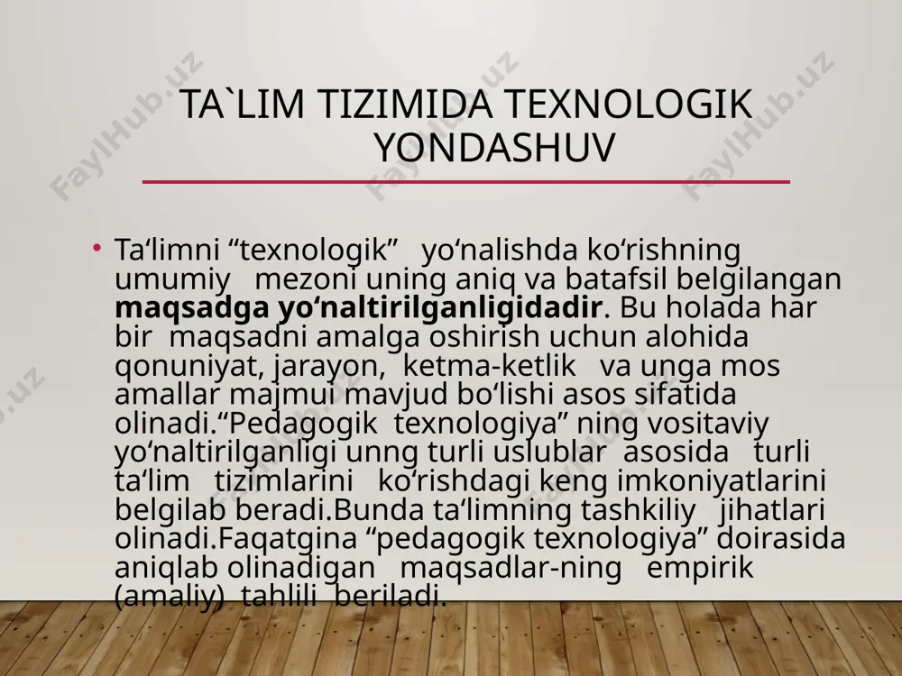 irishdan, maqsadlarni qo‘yishdan, natijalarni shakllantirishdan, o‘quv materialini tanlash va strukturalashtirishdan, ta’lim modelini tanlashdan, to ularni amalga oshirishgacha, ularning optimallik va samaradorlik darajasini baholashgacha loyihalashtirishdan tarkib topgan. ma’rifatli va rivojlangan mamlakatlarda muvaffaqiyat bilan qo‘llanilib kelinayotgan ta’lim texnologiyalarini o‘rganib, xalqimizning milliy pedagogika an’analaridan hamda ta’lim sohasining shu kundagi holatidan kelib chiqqan holda o‘zbekistonning milliy ta’lim texnologiyasini yaratish lozim. texnologik jarayon texnologik jarayon - ishlab chiqariladigan mahsulotga ishlov berishning yagona jarayonini hosil qiluvchi texnologik operatsiyalarning yig‘indisi. texnologik operatsiya - ishchi tomonidan o‘zining ish joyida bajariladigan, yakuniga yetkazilgan harakat ko‘rinishidagi jarayonning bir qismi. texnologik xarita - ma’lum bir mahsulotni ishlab chiqarish texnologik operatsiyalarini ketma-ketligini bayon qiluvchi texnik hujjat. texnologik rejim - texnologik operatsiyalarni amalga oshirishni belgilovchi tartib bo‘lib, ma’lum bir mahsulotni ishlab chiqarishda bajariladigan operatsiyalarning vaqti, shartlarini belgilaydi. xulosa pedagogik texnologiya - ta’lim jarayoniga yangicha yondoshuv bo‘lib, pedagogikada ijtimoiy-muhandislik ong ifodasidir. u pedagogik jarayonni texnika imkoniyatlari va insonning texnikaviy tafakkuri asosida standart holga solib, …