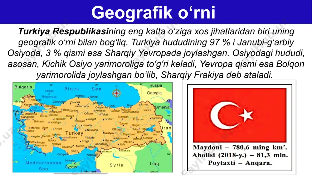 xiralari bilan alohida ajralib turadi. relyefi 6 iqlimi iqlimi subtropik bo‘lib, dengizga tutash hududlarida sernam va iliq, mamlakatning markaziy va sharqiy hududlarida esa ancha quruq va keskin, ya’ni yozi issiq, qishi ancha sovuq. relyefi tog‘li bo‘lganligi tufayli turkiya gidroenergetika resurslariga boy. eng yirik daryolari frot, dajla, qizilirmoq, eng katta ko‘llari esa van hamda tuz ko‘llaridir ichki suvlari aholisi aholi soni jihatidan turkiya jahonning birinchi yigirmataligiga kiradi. 2018-yil holatiga ko‘ra, aholisi 81 mln. kishidan ortiq. aholining yillik ko‘payishi 1,5 % atrofida, lekin tug‘ilish jahon va osiyo bo‘yicha o‘rtacha ko‘rsatkichlardan pastroq. urbanizatsiya jarayoni urbanizatsiya darajasi 75 % ga teng (2018-y.). yirik shaharlari qatoriga istanbul va anqaradan tashqari, izmir, bursa, adana, antaliya va boshqalar kiradi. yirik shaharlarning ko‘pi g‘arbiy va janubiy dengizbo‘yi hududlarida joylashgan. прв aholi turkiya hududi bo‘ylab ancha notekis joylashgan. mamlakatning marmar dengiziga tutash shimoli-g‘arbiy qismida juda zich joylashgan. jumladan, mamlakat aholisining 1/5 qismi sharqiy frakiyada istiqomat qiladi. markaziy va sharqiy …