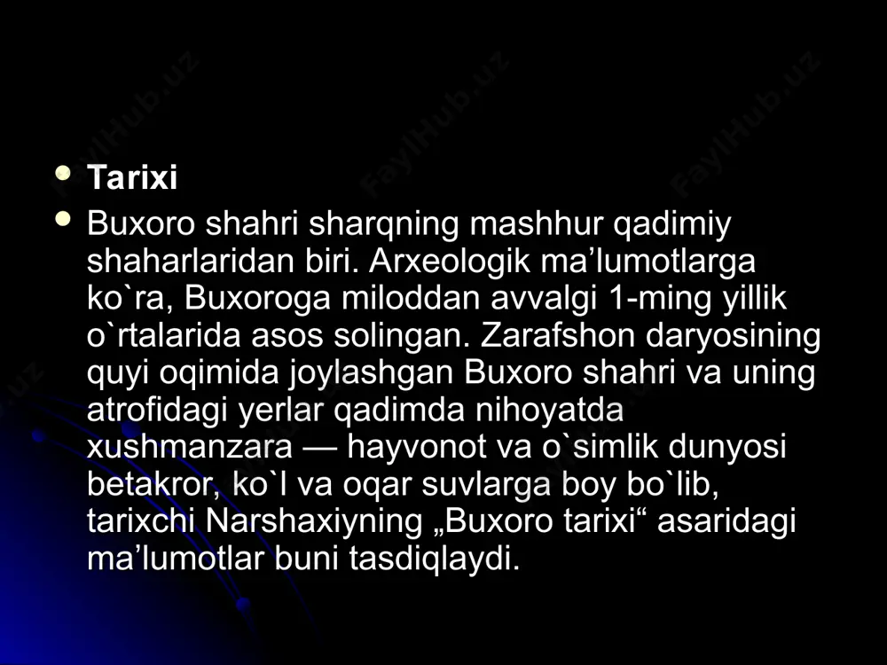 harning qadimgi tarixini o`rganishda muhim ahamiyatga egadir. bu yerda 13-15,5 m, shuningdek 16,5-18,5 m chuqurlikdan 2 ta paxsa devor qoldig`i topildi. ular buxoroning qadimiy mudofaa devori harobalari bo`lib, biri (miloldiy 4-5 asrlar) ning balandligi 2,5–3 m, ikkinchisi (miloddan avvalgi 4-3 asrlar) niki 2-2,5 m. shahar yoshi aniqlashga doir tadqiqotlar shuningdek, shaharning yoshini aniqlash maqsadida butun buxoro vohasi bo`ylab, chunonchi yirik arxeologik yodgorliklar — poykend, qo`rg`oni vardonze, romitan, varaxsha, xoja bo`ston, qo`zimontepa, oqsochtepa va boshqa shahar harobalarida keng arxeologik qazishmalar olib borildi. konimex tumanida miloddan avvalgi 6—5-asrlarga doir yodgorliklar (chordara shahar harobasi, qumrabod — i, qumrabod — ii, arabon — i, arabon — ii nomli mustahkamlangan qishloqlar, miloddan avvalgi 6-asrga oid shodibek va qalqonota qo`rg`onlari) topib o`rganildi (1975—77). ulardan yuqori darajada rivojlangan hunarmandchilik va meʼmorlikka doir ko`plab ashyoviy dalillar topildi. o`sha davrga taalluqli qishloqlar qoldiqlari jondor tumanidagi xojaxotin, laylakxo`r, boshtepa, oqtepa va boshqalar joylardan ham topildi. shahar yoshi belgilanishi arxeologik tadqiqotlar …