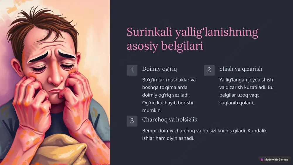 lanishni kuchaytiruvchi moddalar ajratadi. to'qima shikastlanishi yallig'lanish natijasida sog'lom to'qimalar ham shikastlanadi. bu jarayon yanada kuchayib boradi. fibroz rivojlanishi shikastlangan to'qimalar o'rnini fibroz to'qima egallaydi. bu a'zo funksiyasining buzilishiga olib keladi. 6 etiboringiz uchun rahmat image1.png image2.png image3.png image4.png image5.png image6.png image7.png image8.png image9.png image10.png image11.png image12.png image13.png image14.png image15.png image16.png image17.png image18.png image19.png image20.png image21.png