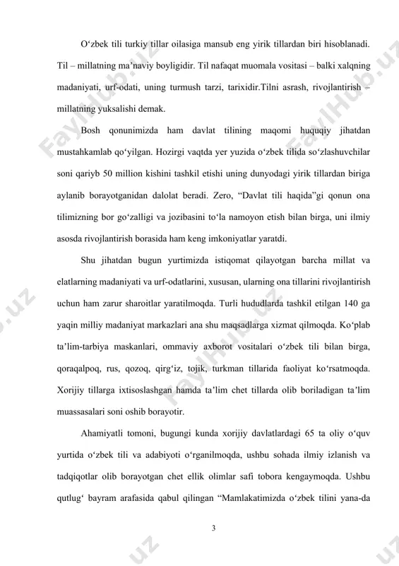 liy madaniyatimizni yana-da ravnaq toptirishga qaratilgan amaliy harakatlar bilan uygʻun va hamohangdir. binobarin, mazkur hujjatda oʻzbek tilining xalqimiz ijtimoiy hayotida va xalqaro miqyosdagi obroʻ-eʼtiborini tubdan oshirish, mamlakatimizda davlat tilini toʻlaqonli joriy etishni taʼminlash, oʻzbekistondagi millat va elatlarning tillarini saqlash va rivojlantirish, davlat tili sifatida oʻzbek tilini oʻrganish uchun shart-sharoitlar yaratish, til siyosatini rivojlantirishning strategik maqsadlari, ustuvor yoʻnalish va istiqboldagi vazifalar belgilab berildi. farmonga muvofiq, 2020-2030-yillarda oʻzbek tilini rivojlantirish va til siyosatini takomillashtirish konsepsiyasi hamda asosiy yoʻnalishlari tasdiqlandi. qolaversa, mazkur hujjatda 2025-yilgacha davlat maktabgacha taʼlim tizimida oʻzbek tilli guruhlar qamrovini kengaytirish, yangi darslik va qoʻllanmalar, elektron dasturlar yaratish, xorijiy oliy taʼlim muassasalarida oʻzbek tilini oʻrgatuvchi markazlar sonini koʻpaytirish singari muhim vazifalar oʻrin olgan. farmonda oʻz ifodasini topgan yana bir prinsipial yangilik – 2021-yil 1-apreldan boshlab oʻzbek tili va adabiyoti boʻyicha bilimni baholashning milliy test tizimi asosida rahbar kadrlarning davlat tilida rasmiy ish yuritish darajasi aniqlanadi hamda masʼul lavozimlarga tayinlanadigan shaxslar uchun …
