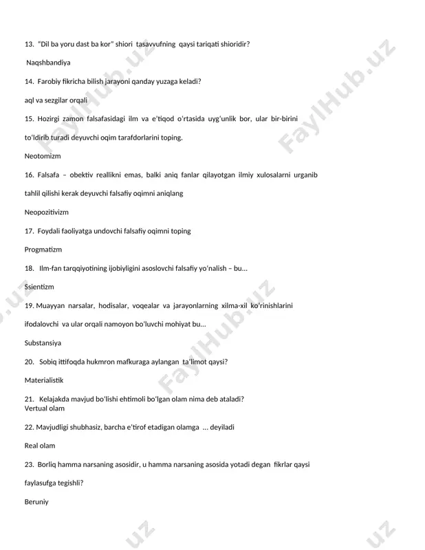 mavjudligi shubhasiz, barcha e’tirof etadigan olamga ... deyiladi real olam 23. borliq hamma narsaning asosidir, u hamma narsaning asosida yotadi degan fikrlar qaysi faylasufga tegishli? beruniy 24. borliq sezgilarimiz majmuasi degan fikrlar qaysi faylasufga tegishli? david yum 25. borliqni ob’ektiv reallik bilan materiya bilan aynan bir narsa deb tushuntiruvchi falsafiy oqimni toping ? materialistik 26. narsa va xodisalar o‘rtasidagi o‘xshash tomonlarini ifodalovchi tushuncha bu .... ayniyat 27. narsa va xodisalar o‘rtasidagi farqli tomonlarini ifodalovchi tushuncha bu .... tafovut 28. me’yor nima? miqdor va sifat birligi 29. sifat- bu ... narsalarning ichki va tashqi muayyanligi, narsa qanday bo‘lsa shundayligicha ko‘rsatib beradi. 30. olamdagi narsa va hodisalarning yagona takrorlanmas belgi va xususiyatlarini ifodalovchi kategoriya bu.... alohidalik 31. imkoniyat bu... yuzaga chiqmagan voqelik 32. muayyan sharoitda kelib chiqadigan voqea hodisaga .... deyiladi zaruriyat 33. biror hodisadan oldin kelib, uni vujudga keltiuvchi hodisaga ... deyiladi sabab 34. real mavjud bo‘lgan, yashab turgan narsa-hodisa ... …