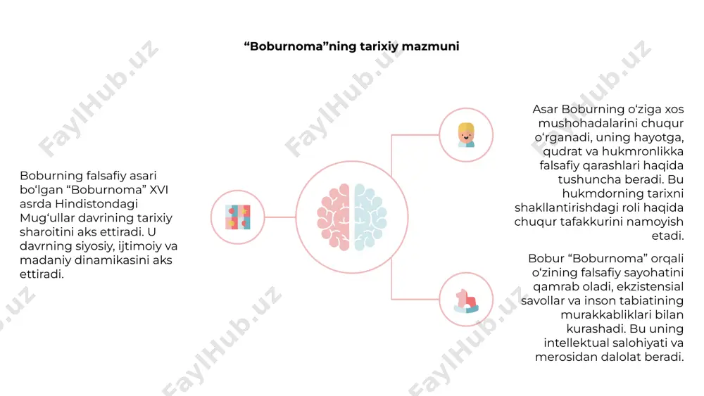asari orqali hokimiyatning tabiati va hokimiyat egalarining mas’uliyati haqidagi murakkab falsafiy savollarga chuqurroq kirib boradi. uning tanqidlari nazoratsiz hokimiyatning mumkin bo'lgan tuzoqlariga va axloqiy etakchilikning ahamiyatiga oydinlik kiritadi. umuman olganda, “boburnoma”ning falsafiy asari kuch dinamikasi va ijtimoiy me’yorlarni o‘ylantiradigan tahlil qiladi. uning tanqidlari o'quvchilarni hokimiyat haqidagi taxminlarini qayta ko'rib chiqishga taklif qiladi va ularni etakchilikning axloqiy oqibatlari haqida fikr yuritishga undaydi. xulosa va kelajak istiqbollari xulosa o‘rnida aytish mumkinki, “boburnoma”ning falsafiy asari islom madaniyati va tarixi haqida chuqur tushunchalar beradi. uning hissalari bizning o'rta asrlar islom dunyosi haqidagi tushunchamizni o'zgartirdi. oldinga nazar tashlaydigan bo‘lsak, “boburnoma” ijodining istiqbollari hamon umidvor bo‘lib qolmoqda. olimlar uning doimiy ahamiyatiga oydinlik kiritib, zamonaviy kontekstlarda uning ahamiyatini o'rganishda davom etmoqdalar. umuman olganda, boburnomaning falsafada qoldirgan merosi temuriylar davrining aqliy boyligidan dalolat beradi. uning ta'siri asrlar davomida aks-sado berib, mutafakkirlarning yangi avlodlarini ilhomlantirmoqda. e'tiboringiz uchun rahmat
