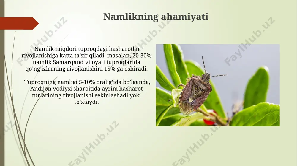 b, ularning sonini 30% ga kamaytiradi. qishloq xo'jaligida qo'llaniladigan ba'zi pestitsidlar, masalan, organofosfatlar va karbamatlar, tuproqdagi foydali hasharotlar populatsiyasini 5-15% ga qisqartirish orqali, ularning rivojlanishini sekinlashtiradi. biologik o'zaro ta'sirlar samarqand viloyatida o'tkazilgan tadqiqotlar shuni ko'rsatdiki, tuproqdagi qo'ziqorinlarning (trichoderma spp.) 10⁴ cfu/g ga yetishishi, tuproq hasharotlari parazitlarining 20% ga kamayishiga olib keldi. o'zbekistonning janubiy hududlarida, 25-30°c haroratda, yer osti hasharotlarining rivojlanishiga tuproqdagi bakteriyalar sonining 10⁶ cfu/g dan oshishi ijobiy ta'sir ko'rsatadi. antagonistik munosabatlar qora tuproqli hududlarda (masalan, samarqand viloyati), 1 gektar maydonda 1000 dan ortiq yer qurti populyatsiyasi mavjud bo'lib, ularning antgonistik munosabatlari tuproq unumdorligiga ijobiy ta'sir ko'rsatadi, 15-20% gacha hosilni oshirishi mumkin. namangan viloyatining tog'li hududlarida o'tkazilgan tadqiqotlar shuni ko'rsatdiki, tuproqda yashovchi turli xil hashoratlar o'rtasidagi antagonist munosabatlar tufayli, zararkunandalar soni 30% ga kamaygan, bu esa ekologik muvozanani saqlashga yordam beradi. yirtqichlar va parazitlar qoraqalpogʻiston respublikasida olib borilgan tadqiqotlar shuni koʻrsatdiki, yirtqich qoʻngʻizlar (carabidae oilasi) populyatsiyasi zichligi 20 dona/m² ga …