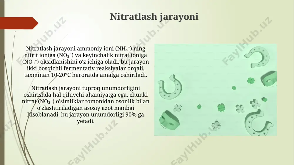 shtammlarini aniqlash orqali azot tsikliga ta'sirini baholash mumkin. azot fiksatsiyasida ishtirok etadigan mikroorganizmlar azotni bog'lashda 30 dan ortiq turdagi tsianobakteriyalar, shu jumladan, anabaena va nostoc kabi turlari muhim rol o'ynaydi, ular atmosfera azotidan ammiak hosil qiladi. azotobakter va clostridium kabi erkin yashovchi azotni bog'lovchi bakteriyalar tuproq unumdorligini oshirishda muhim ahamiyatga ega bo'lib, ular tuproqqa yiliga 10-20 kg/ga gacha azot qo'shadi. tuproq mikroorganizmlarining ahamiyati nitratlash jarayonida, nitrosomonas va nitrobacter kabi bakteriyalar ammiakni nitrit va keyin nitratga aylantiradi, bu o'simliklar tomonidan osongina so'riladigan shakl hisoblanadi, bu jarayon tuproq unumdorligini 15-25% ga yaxshilaydi. tuproq mikroorganizmlari, ammonifikatsiya jarayonida organik azotni mineral azotga (ammiak) aylantirishda muhim rol o'ynaydi, bu o'simliklar uchun oziqlanishning asosiy manbasidir, unumdorlikni 20-30% ga oshiradi. inson faoliyatining ta'siri yonilg'i yoqish natijasida atmosfera azoti oksidlari (nox) miqdori 2-3 baravar oshgan, bu kislotali yomg'irlarning ko'payishiga va tuproqning kislotaliligini o'zgarishiga olib keladi. odam faoliyati tufayli azotli o'g'itlarning ortiqcha qo'llanilishi, suv havzalari va tuproqdagi nitratlar miqdorining …