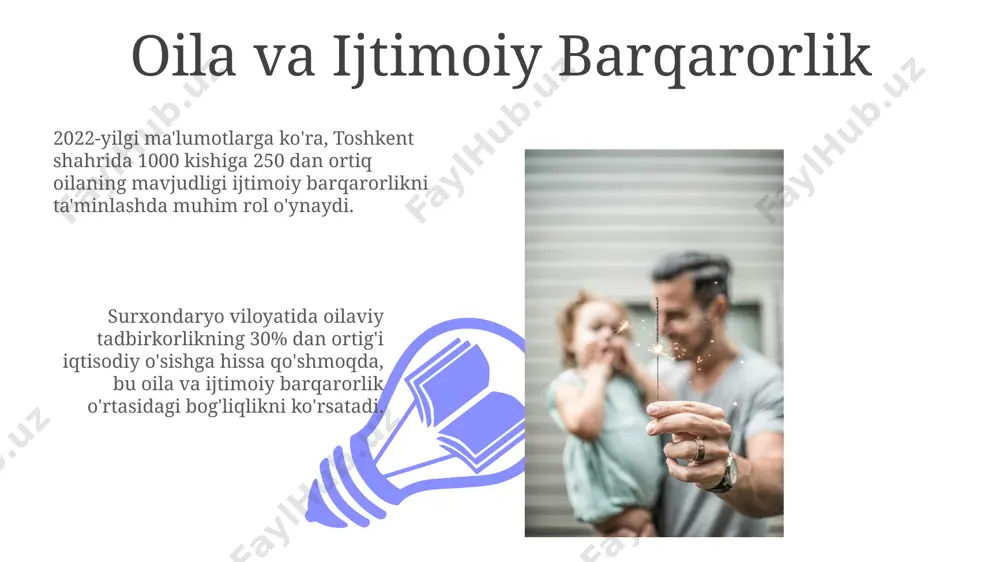 daryo viloyatida amalga oshirilgan "oilaviy qadriyatlar" loyihasi natijasida 2021-yilda 300 dan ortiq oilada bolalar tarbiyasi va ta'limi yaxshilandi, bu oiladagi ijtimoiy muammolar sonini kamaytirdi. oilaviy ta'lim va tarbiyaning samaradorligini oshirish bo'yicha 2023-yilda o'zbekistonning 5 ta viloyatida 1000 dan ortiq o'qituvchi uchun maxsus treninglar o'tkazildi. e'tiboringiz uchun rahmat @taqdimot_robot image4.jpg image5.jpg image6.jpg image7.jpg image8.jpg image9.jpg image10.jpg image11.jpg image12.jpg image13.jpg image1.jpeg image2.jpeg image3.jpeg
