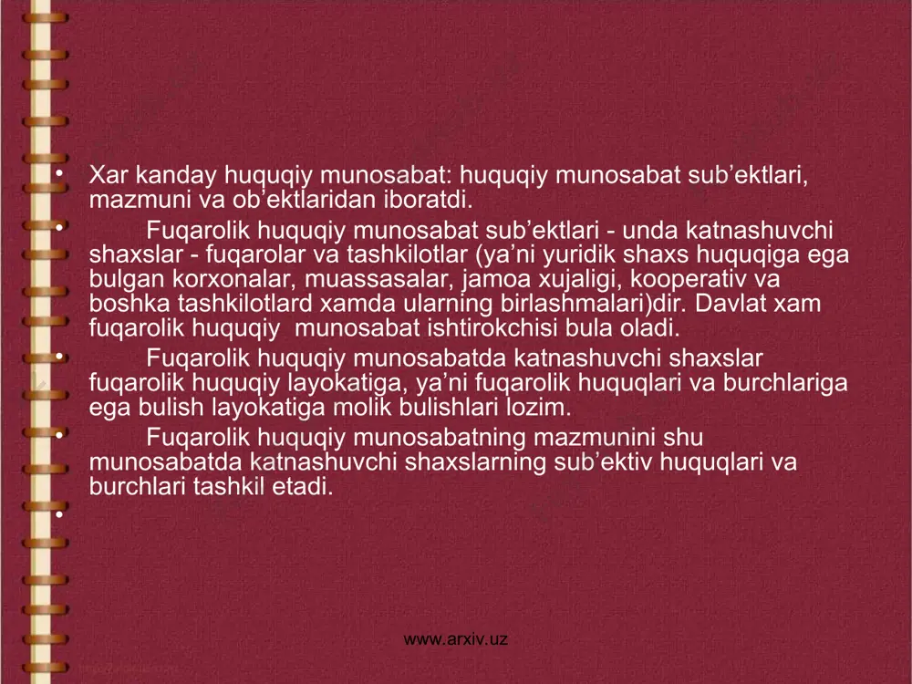 an xolatlar mavjud bulishi kerak. www.arxiv.uz www.arxiv.uz fuqarolik huquqiy munosabatlarni vujudga keltiradigan, uzgartiradigan va bekor kiladigan asoslar sifatida kurilgan yuridik faktlar sifatida kurilgan yuridik faktlar turt guruxga: huquqiy xujjatlar, yuridik xatti-xarakatlar, xodisalar va xarakatlarga bulinishi mumkin. fuqarolik huquqlari va majburiyatlarini vujudga keltiruvchi asos sifatida huquqiy xujjatlar kuyidagi turlarga bulinadi: a) konunda nazarda tutilgan shartnomalar va boshka bitimlardan, shuningdek, garchi konunda nazarda tutilmagan bulsada, lekin unga zid bulmagan shartnomalar va boshka bitimlar: b) davlat organlari xamda fuqarolar uzini-uzi boshkarish organlarining fuqarolik huquqlari va majburiyatlari vujudga kelishining asosi sifatida nazarda tutilgan xujjatlar; v) sudning fuqarolik huquq va burchlarini belgilagan karorlari (fkning 8-moddasi, 2-kismi, 1-3 bandlari). www.arxiv.uz www.arxiv.uz www.arxiv.uz www.arxiv.uz yuridik xatti-xarakatlar muayyan huquqiy okibatni tugdirishga karatilmasdan kilinsa xam, bunday okibatlar konun bilan nazarda tutilganligi sababli vujudga keladi. masalan, fan, adabiyot va san’at asarlarini yaratish bilan boglik bulgan huquq va san’at asarlarini yaratish bilan boglik bulgan huquq va majburiyatlarning vujudga kelishi konun bilan …