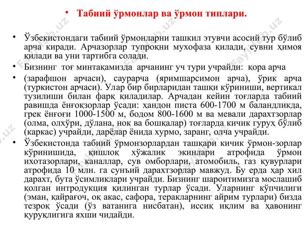 , шўра, қандим, черкез, дарёлар четида юлғун, туранғил ўсади. бу ўрмонлар ўзбекистон ўрмонзорларининг 70% ини ташкил этадилар ва қумни мустаҳкамловчи сифатида ишлатилади, ва моллар учун ем ҳашак вазифасини ўтайдилар. ўзбекистоннинг учинчи ўрмон ташкил этувчи минтақаси – бу тўқайзорлардир. улар дарёларга яқин жойлашган, қирғоқни ювилиб кетишидан ҳимоя қиладилар, сувни тартибга соладилар. уларга туранғил, тол, жийда турлари киради, тоғларда камроқ равишда қайин, сўғдиёна шумтоли учрайди. ўзбекистонда ўрмонлар майдони республиканинг умумий майдонининг 5% ини ташкил қилади. ўрмончиларнинг асосий вазифаси – ўрмонларни барпо қилиш, ўрмонларни ўстириш ва шу ўрмонларни ҳимоя қилишдан иборатдир. ўрмонларнинг ўсимлик дунёси ҳам бениҳоя бойдир. республикамиз ҳудудида 70 хил дархт, 324 хил бута, 136 хил ярим бута ва 3000 турдан зиёд гиёҳлар мавжуд. марказий осиёда табиий ҳолатда ўсадиган грек ёнғоғи, ҳандон писта ва бодомнинг катта массивлари жойлашган табиий ёнғоқзорлар тоғнинг ўрта минтақасида 800 мм дан кам бўлмаган ёғингарчилик ёғадиган ҳудудларда ўсади. россиядаги нина баргли ўрмон марказий осиёда унинг шимолий чегараси 420461 …